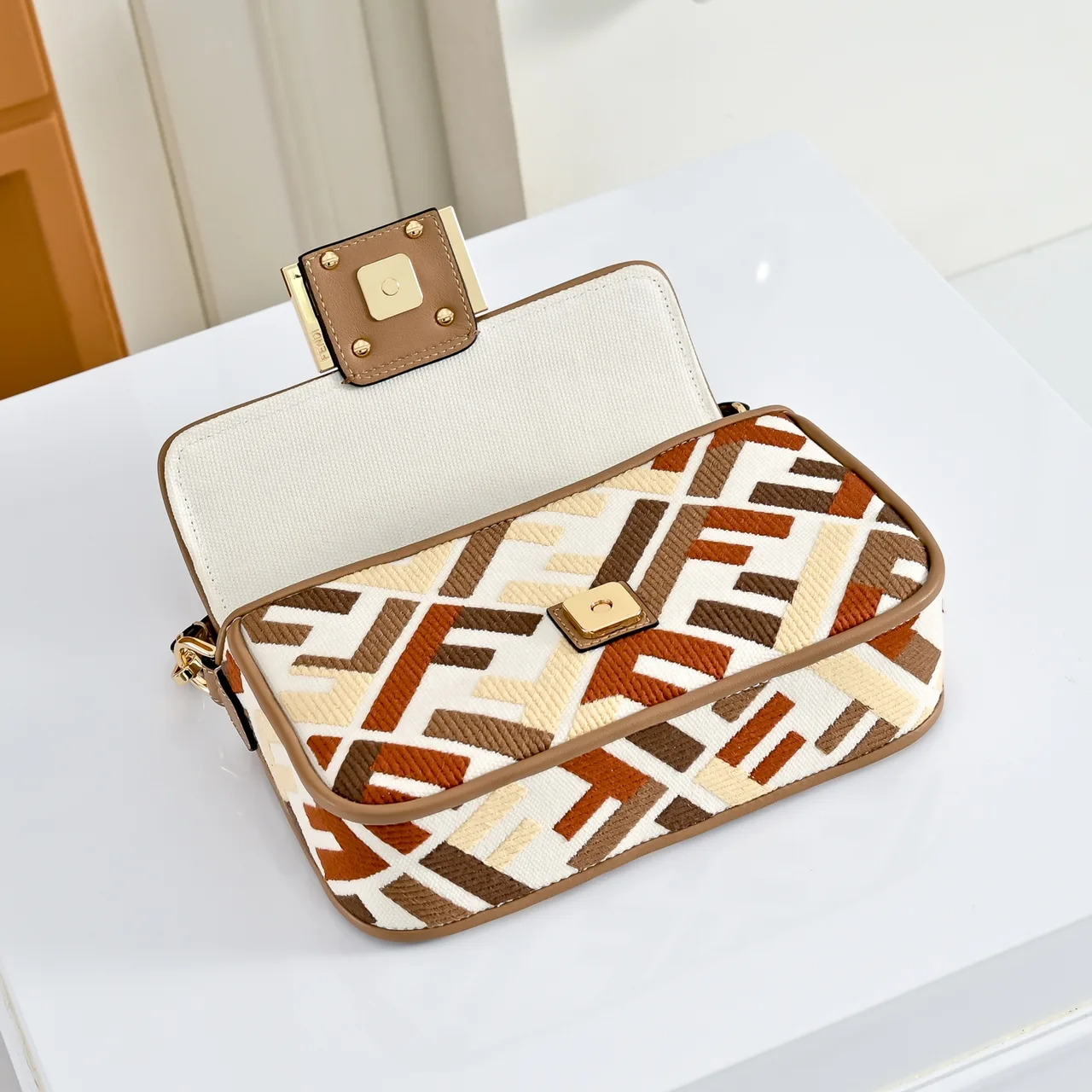 Fendi Canvas Woven FF-Pattern Flap Shoulder Bag in White · view 3