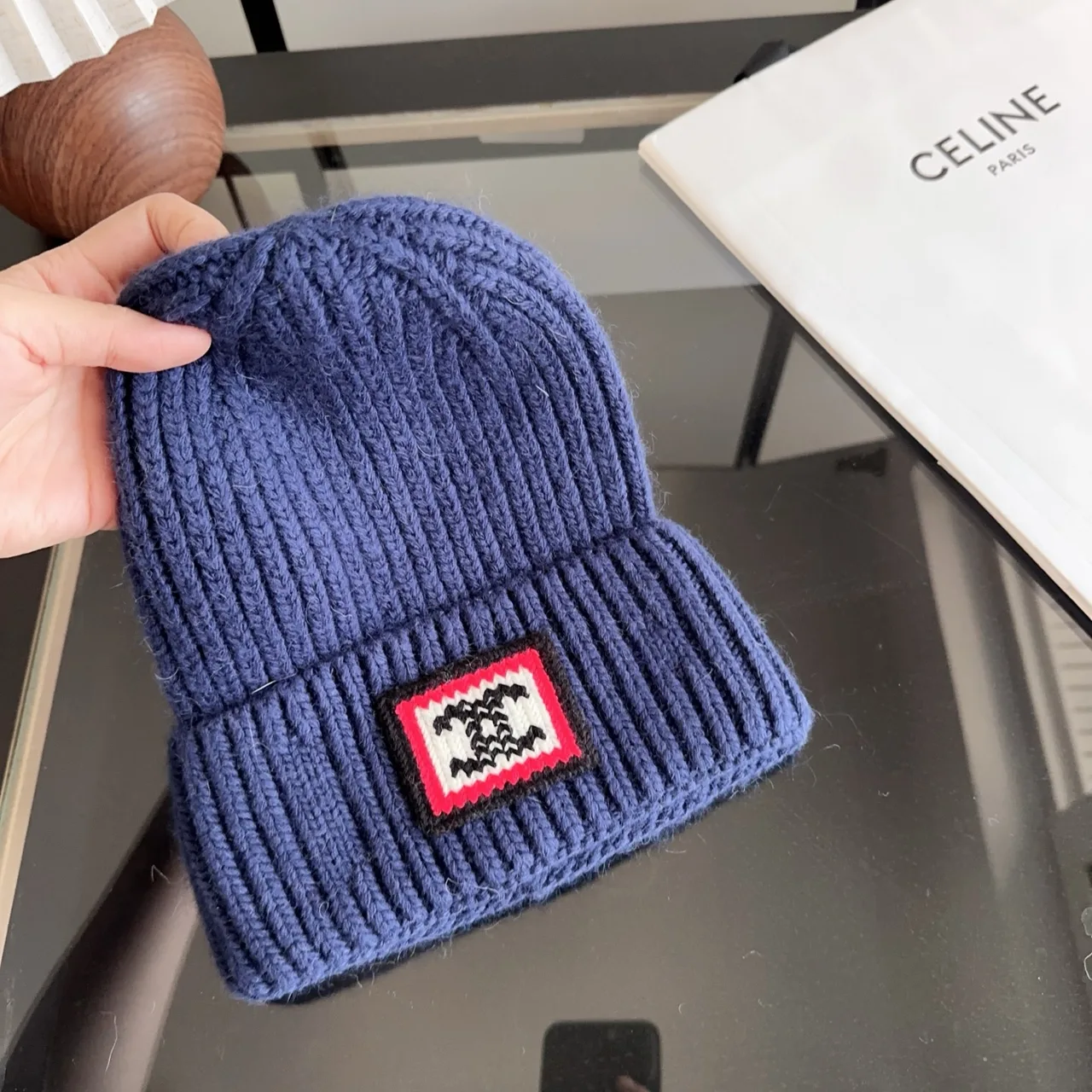 Celine Ribbed Beanie in Blue · view 7