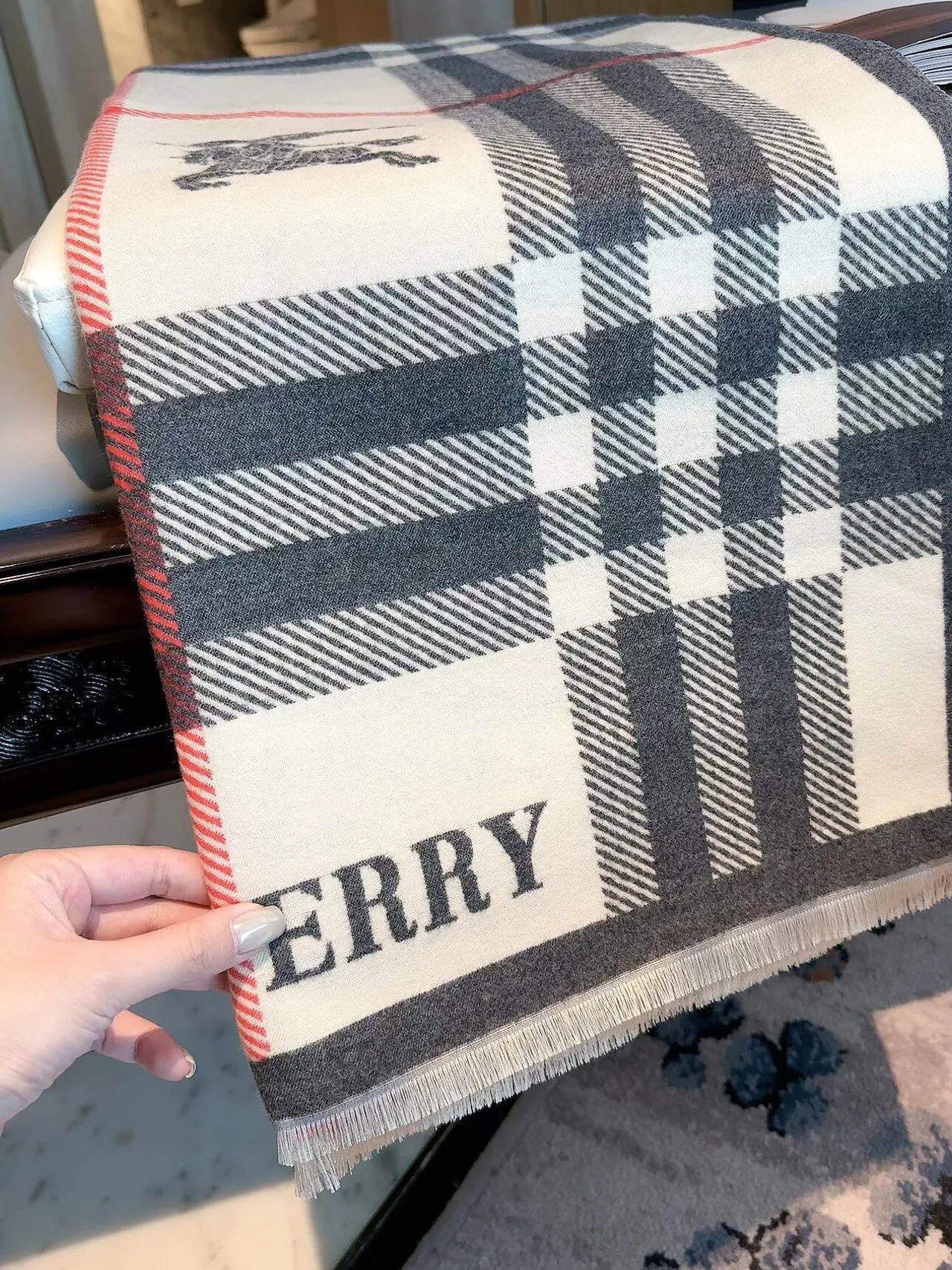 Burberry Check Fringed Scarf in Cream & Pink · view 7