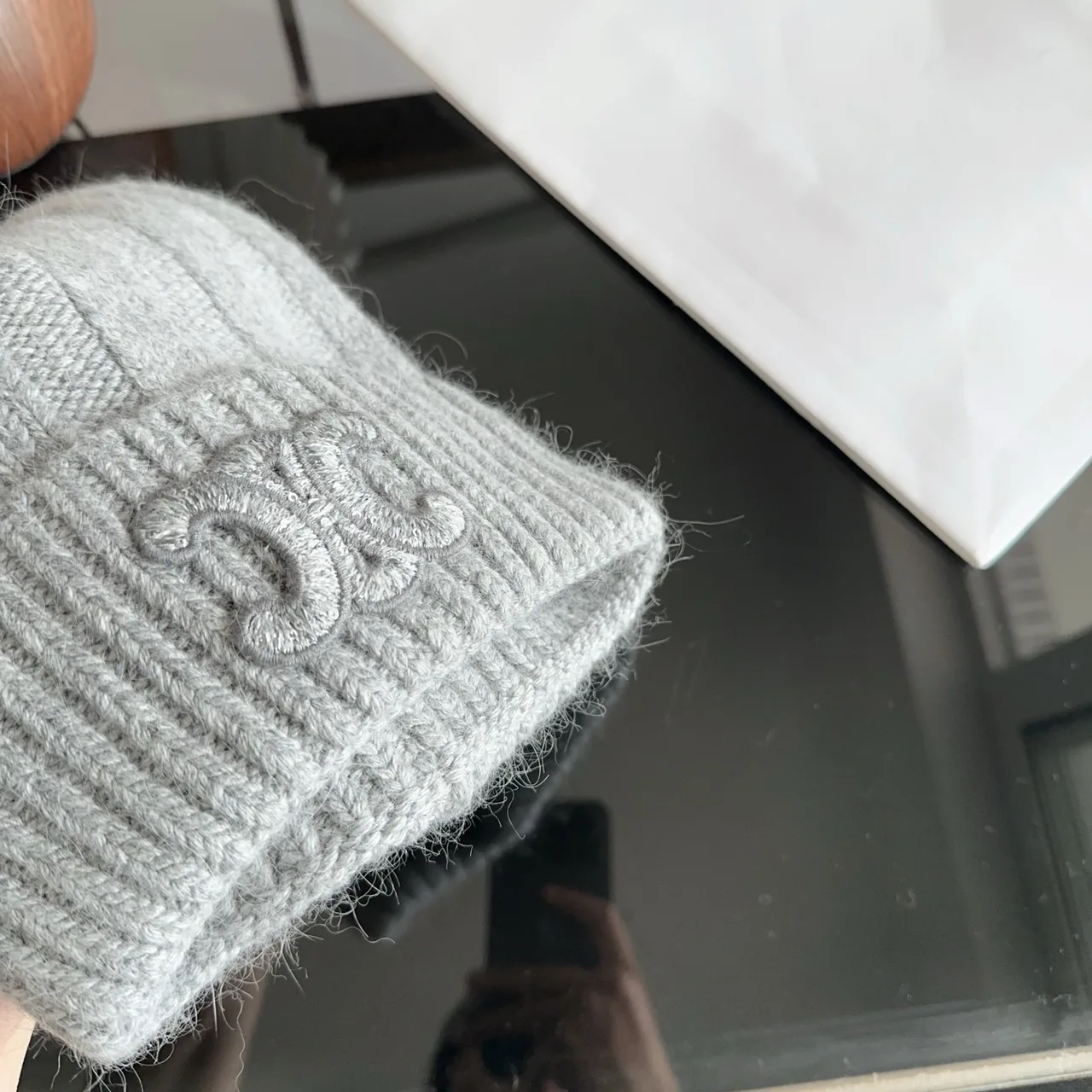 Celine Ribbed Embroidered Beanie in Grey · view 7