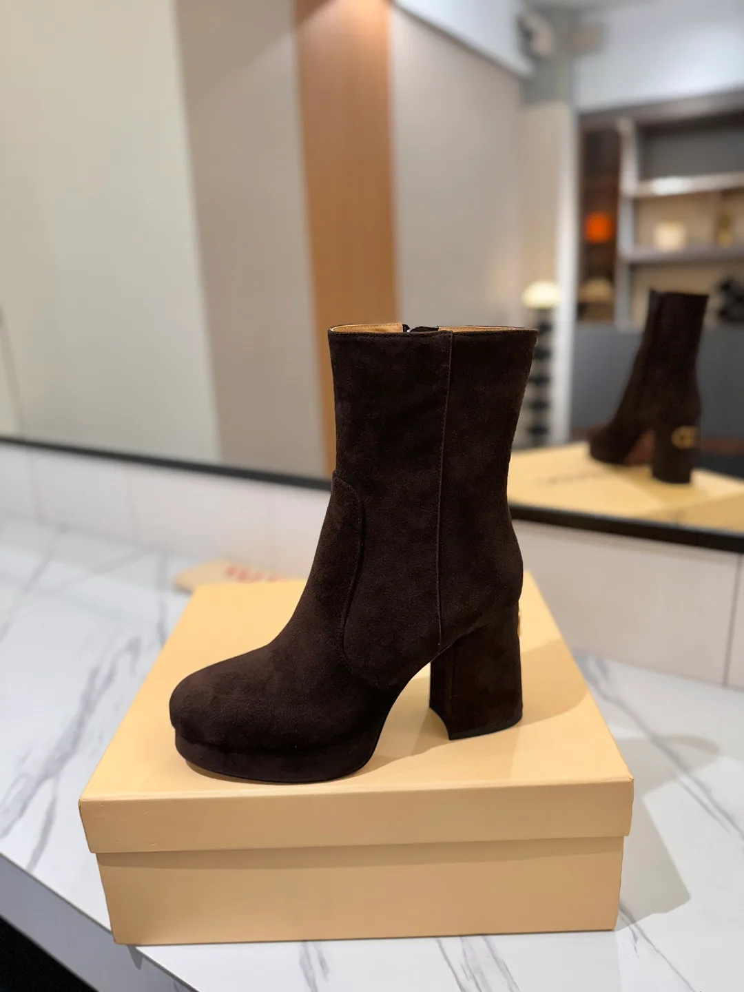 Valentino Cowhide Suede-Look Round-Toe Ankle Boots in Brown · view 4