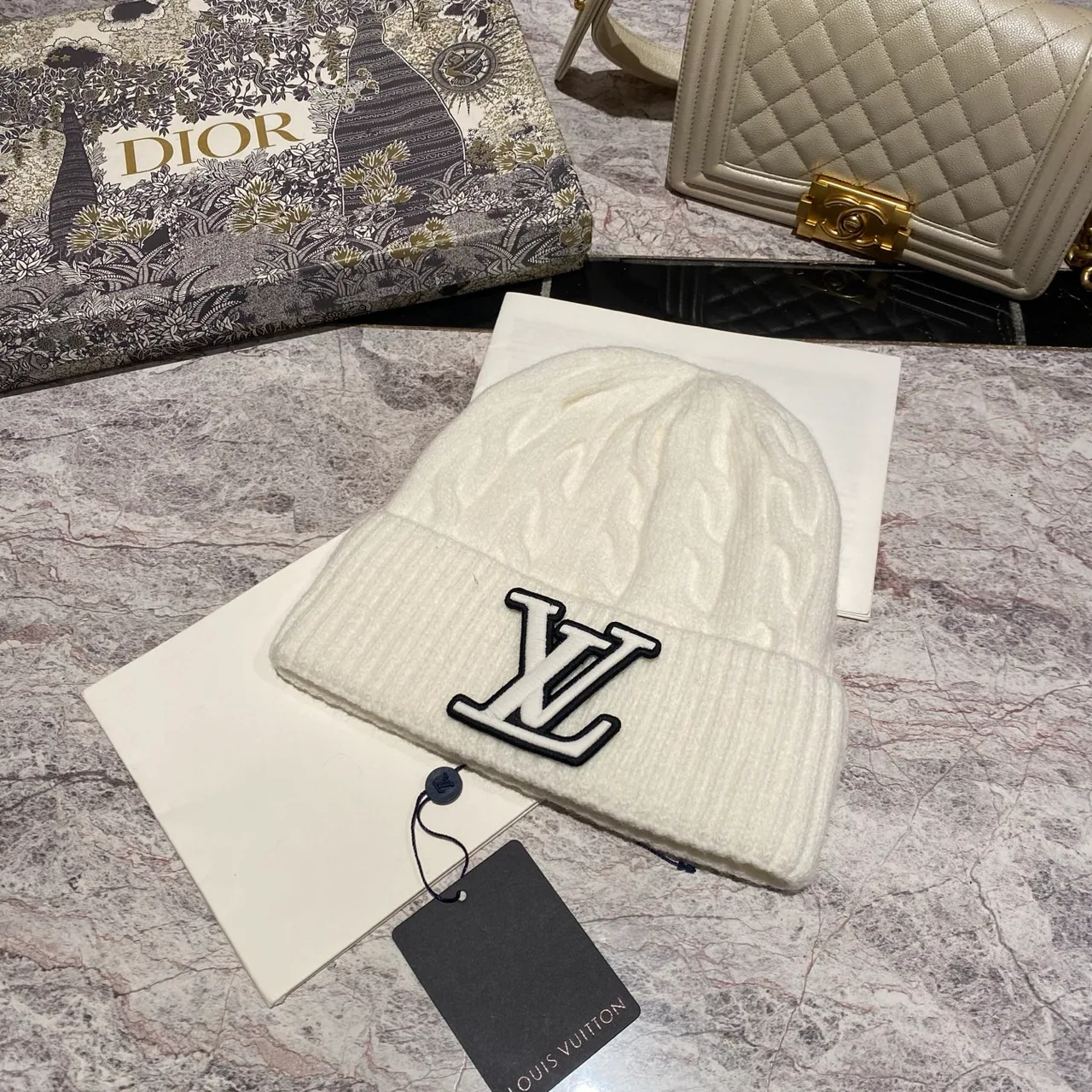 Louis Vuitton Cable Beanie in Pink & Burgundy & Grey & Blue & Beige & White & Brown & Black · view 6