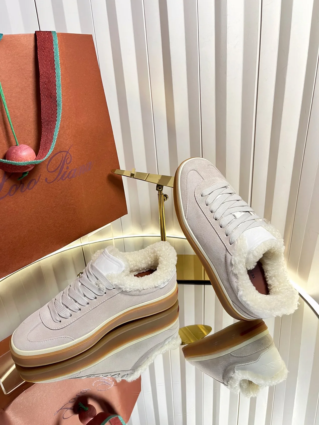Cashmere Round-Toe Lined Low-Top Sneakers in White · view 5