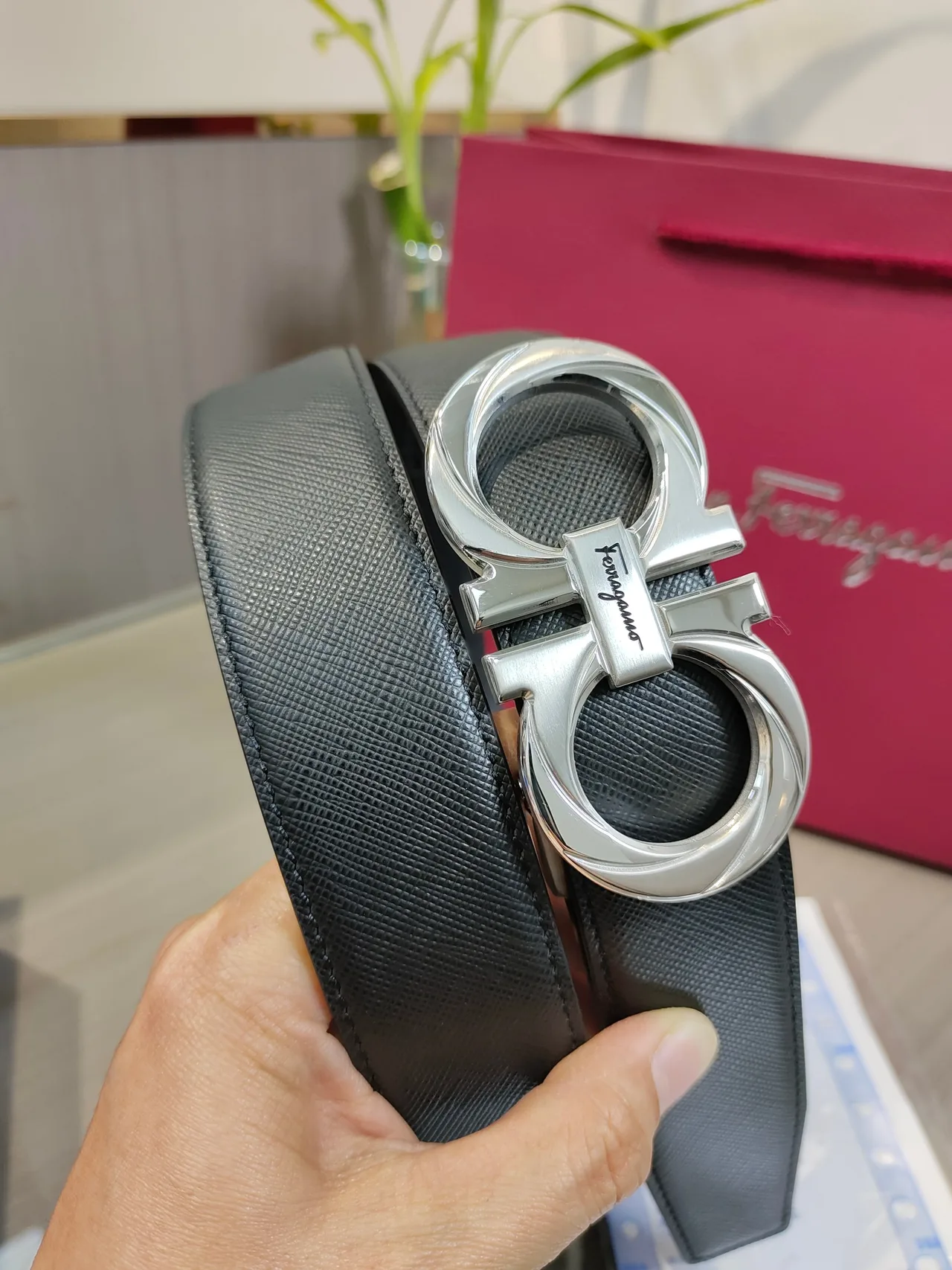 Ferragamo Calfskin Glossy Belt in Black · view 7