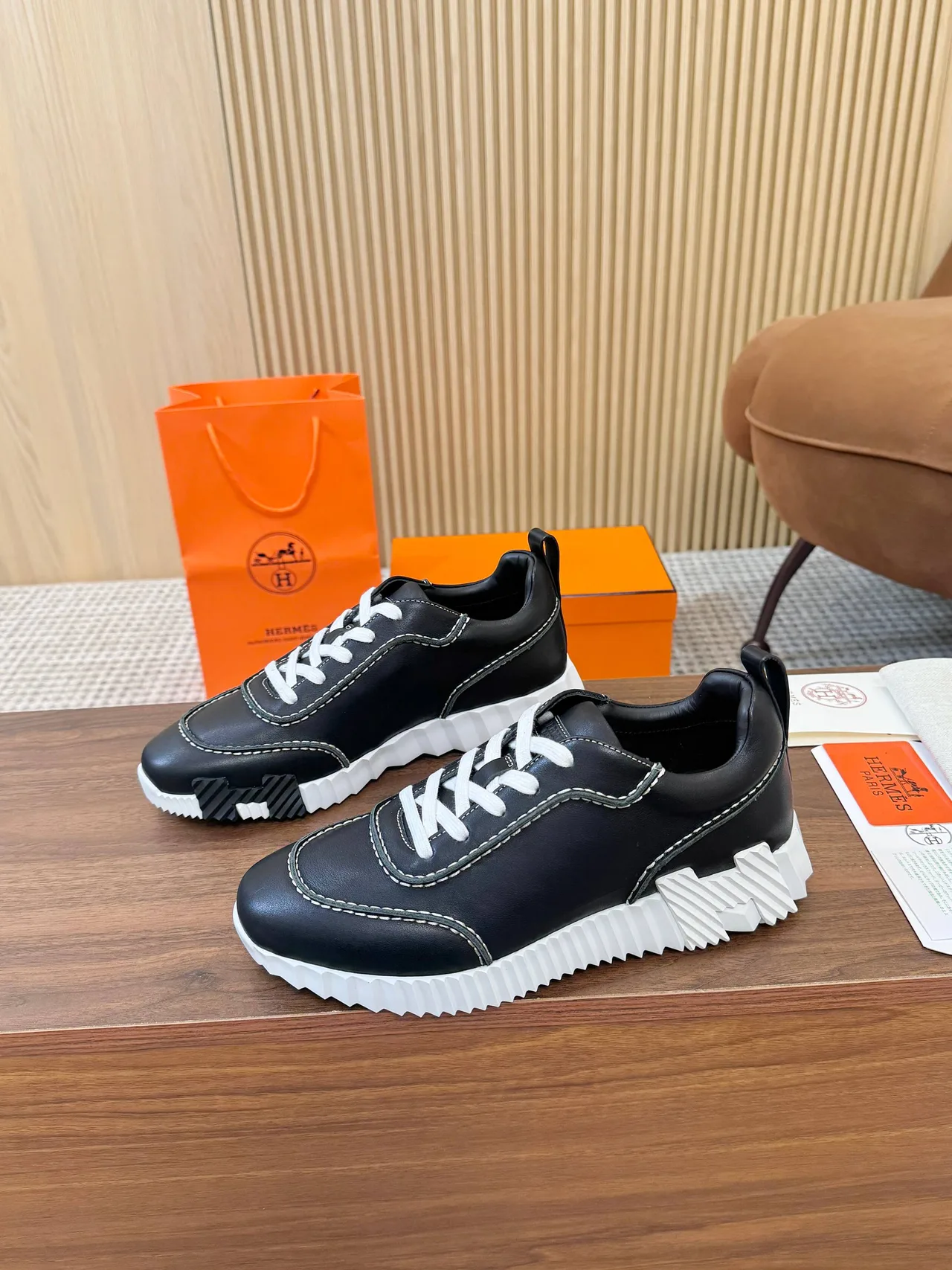 Hermes Smooth Round-Toe Sneakers in Black · view 2