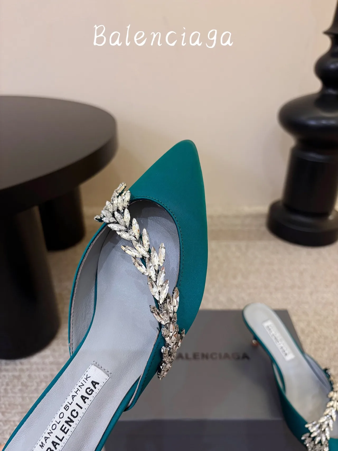 Balenciaga Silk Glossy Pointed-Toe Heeled Mules in Green · view 6