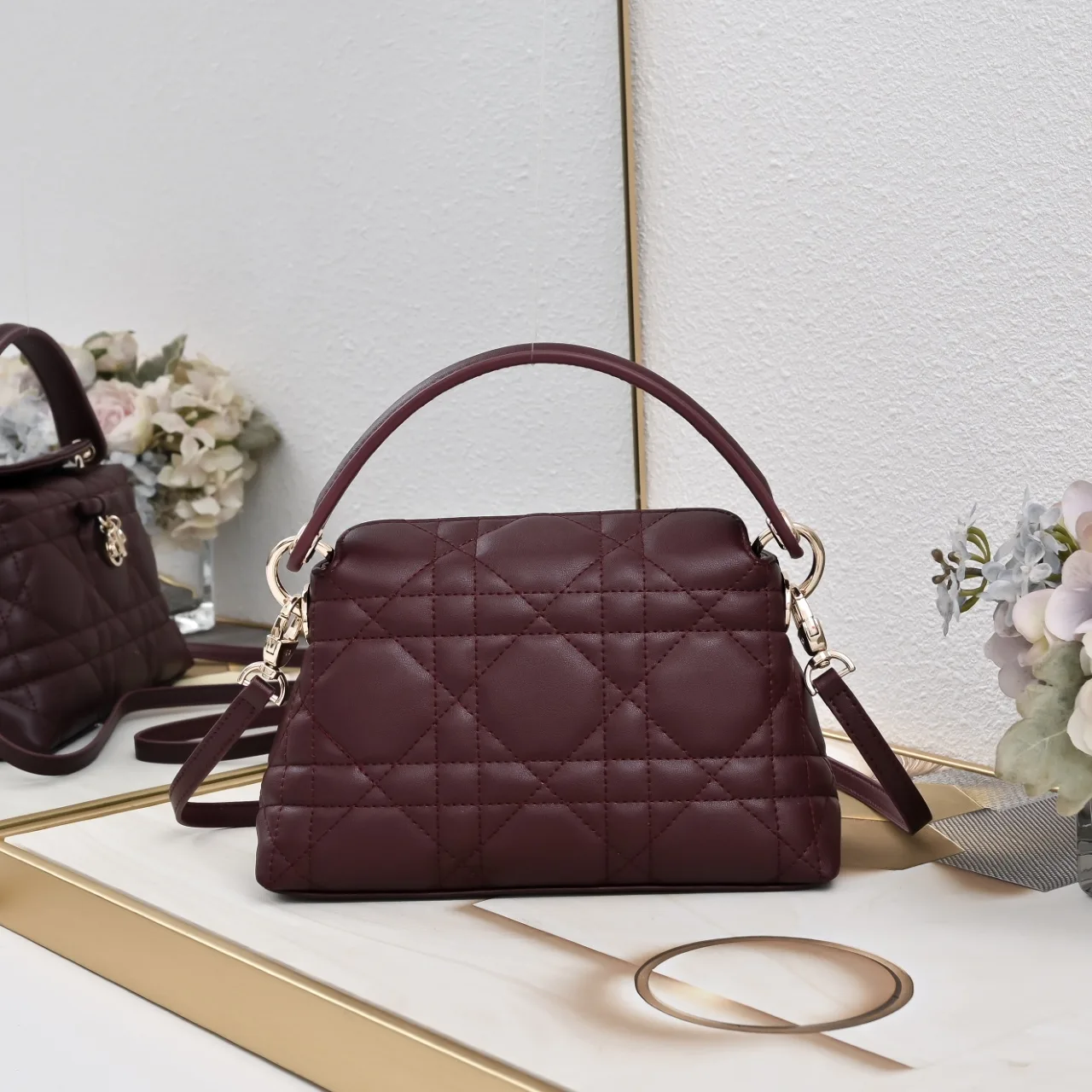 Dior Sheepskin Quilted Top-Handle Bag in Burgundy · view 3