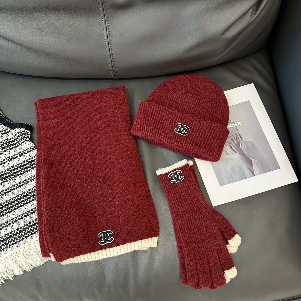 Chanel Hat Scarf and Gloves Set in Beige & Black & Burgundy & White · view 3
