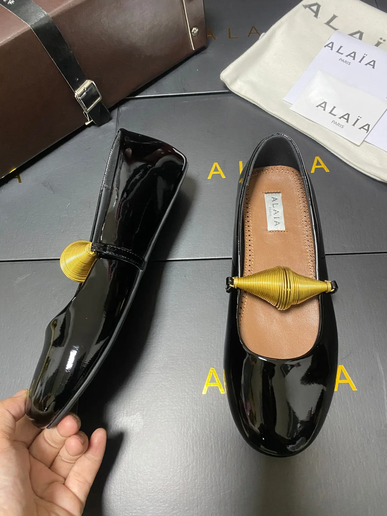 Alaia Cowhide Sheepskin Glossy Square-Toe Mary Jane Flats in Black · view 4