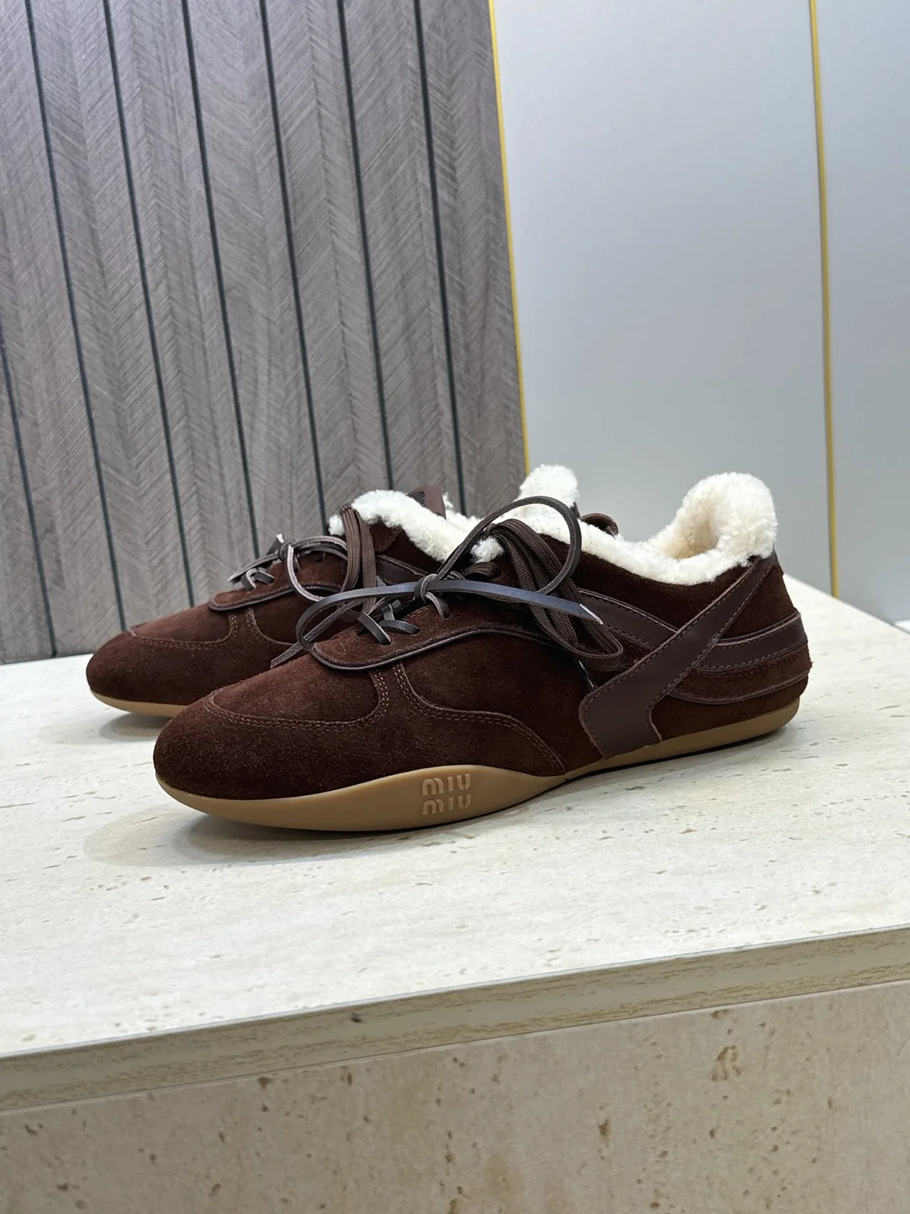 Miu Miu Suede-Look Round-Toe Sneakers in Brown · view 5