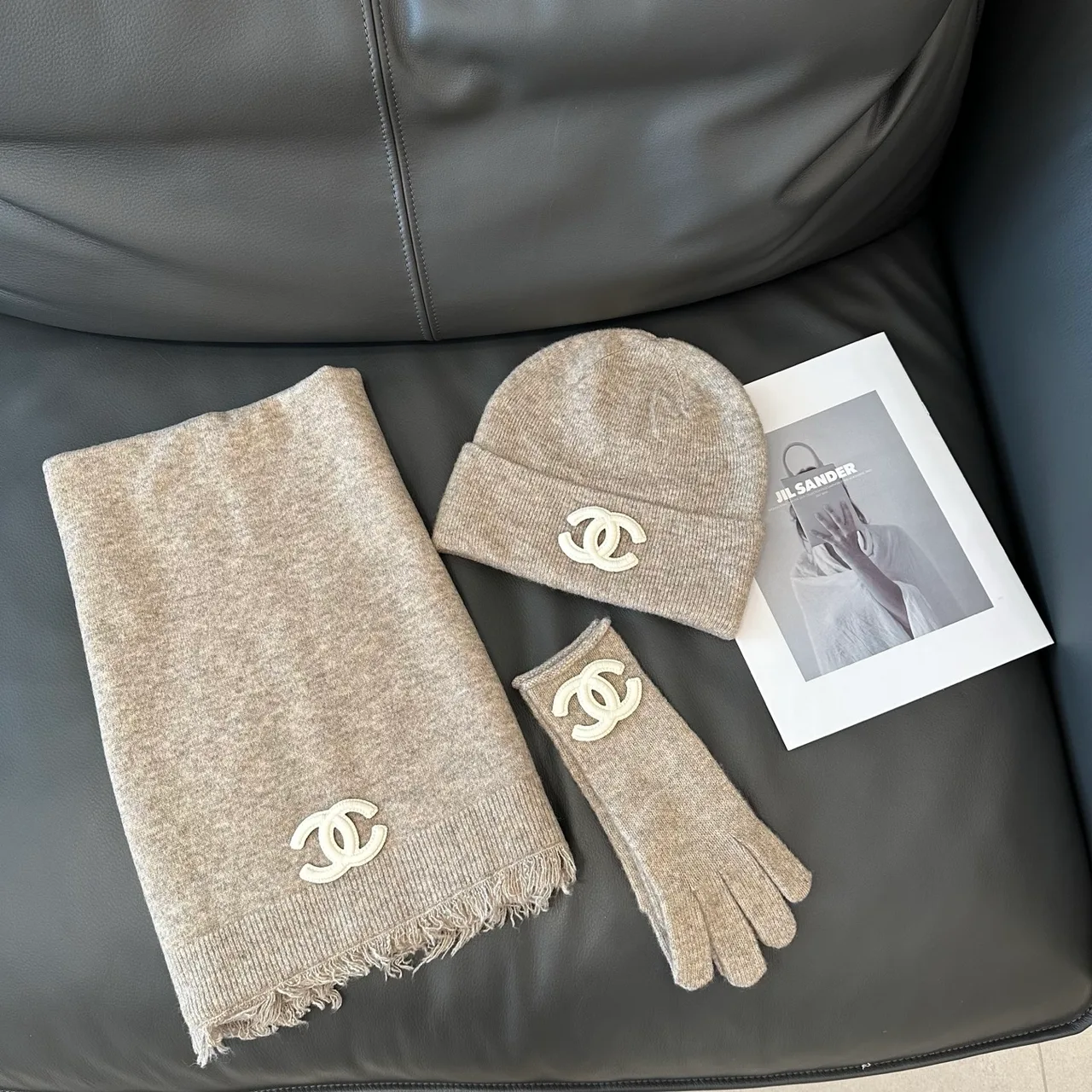 Chanel Hat Scarf and Gloves Set in White & Black & Grey & Beige · view 4