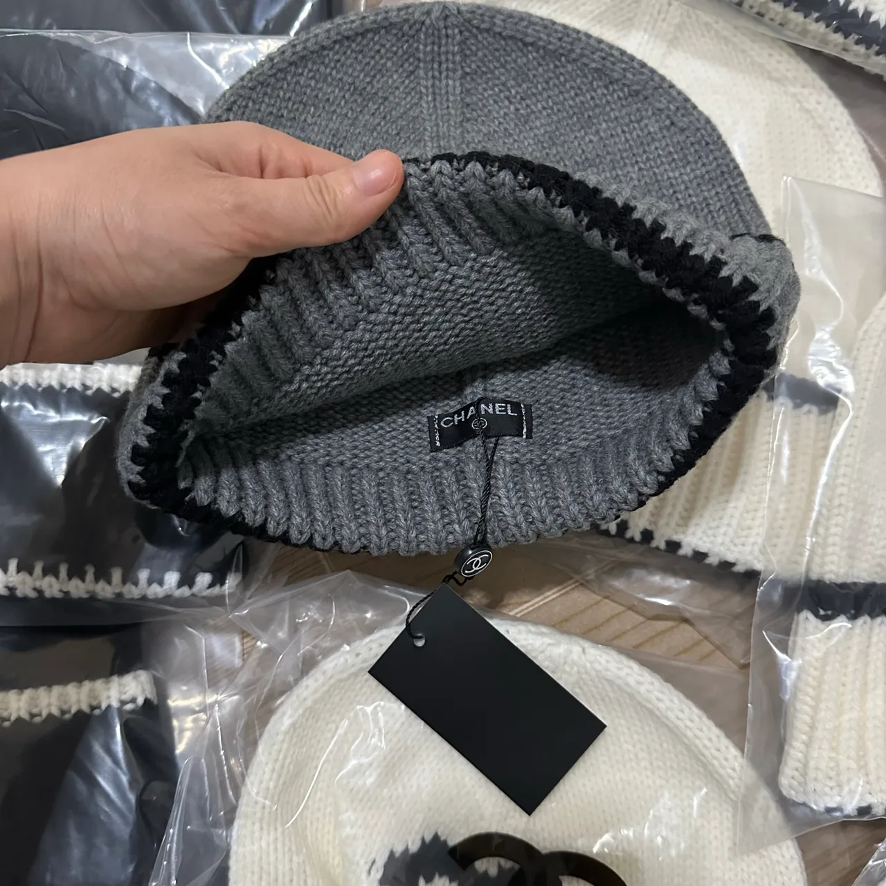 Chanel CC Stripe Beanie in White & Black & Grey · view 4