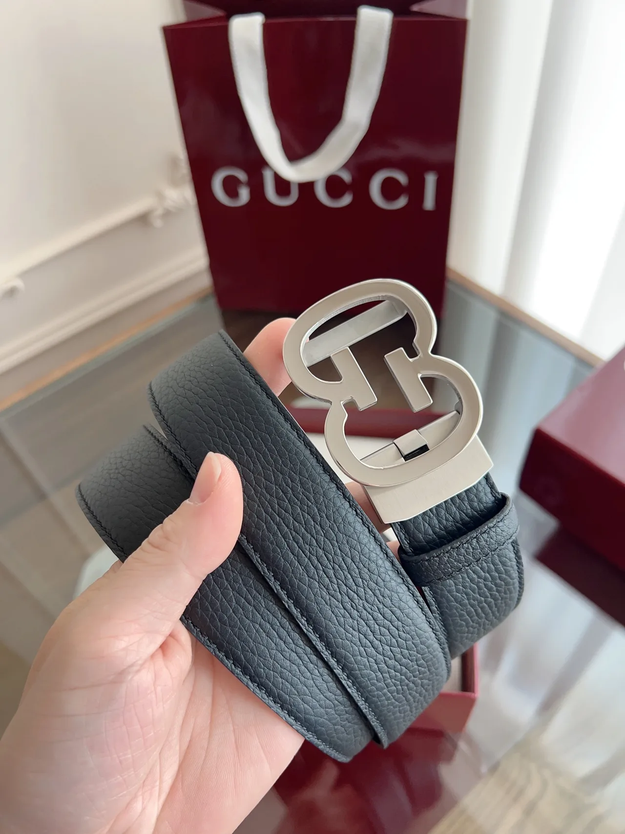 Gucci Cowhide GG Automatic Belt in Grey · view 1