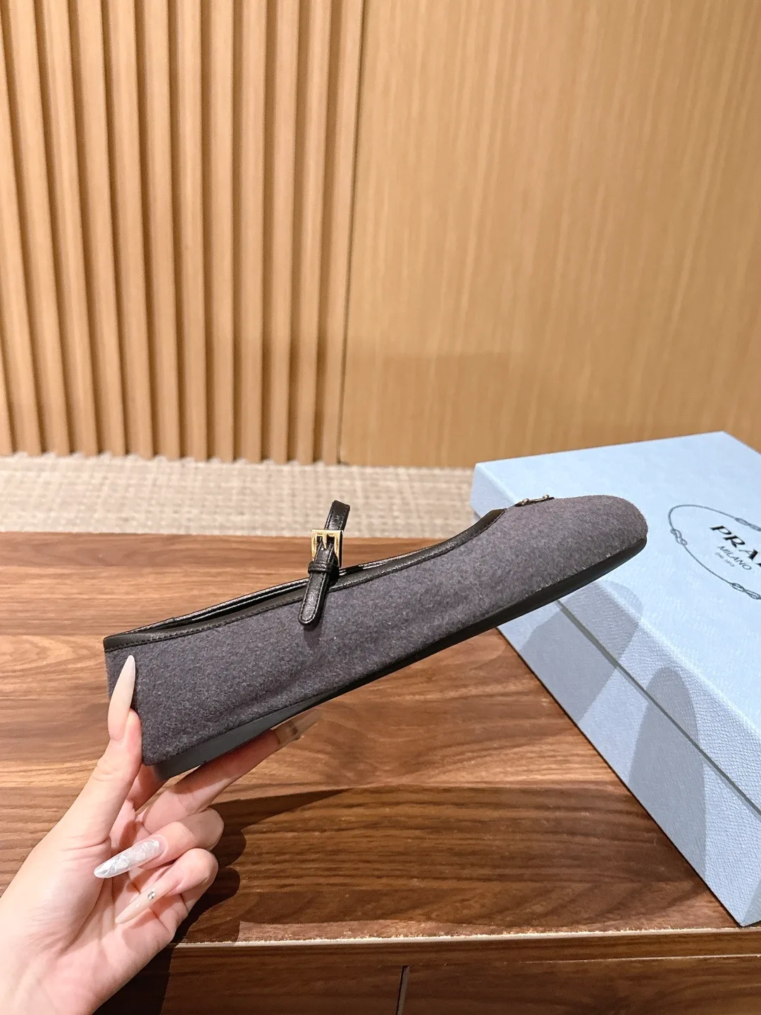 Prada Smooth Round-Toe Mary Jane Flats in Grey · view 6