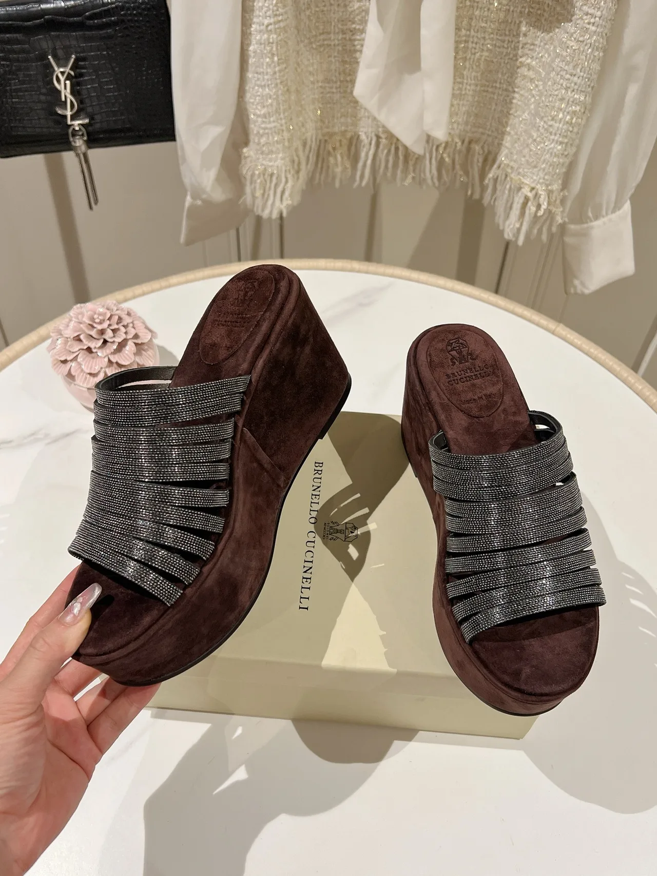 Brunello Cucinelli Beaded Slide Sandals in Grey · view 4