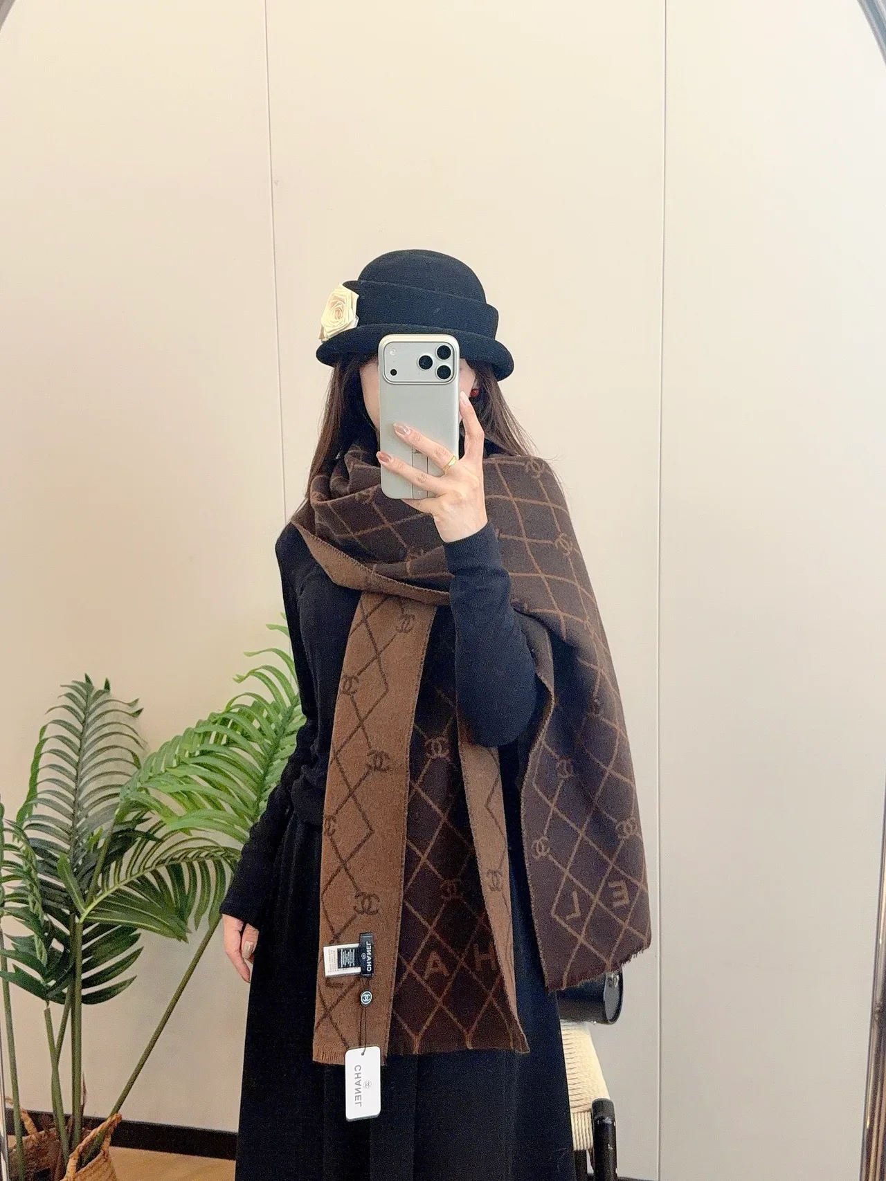 Chanel Diamond CC Fringe Scarf in Brown & Grey & Black & Beige · view 6