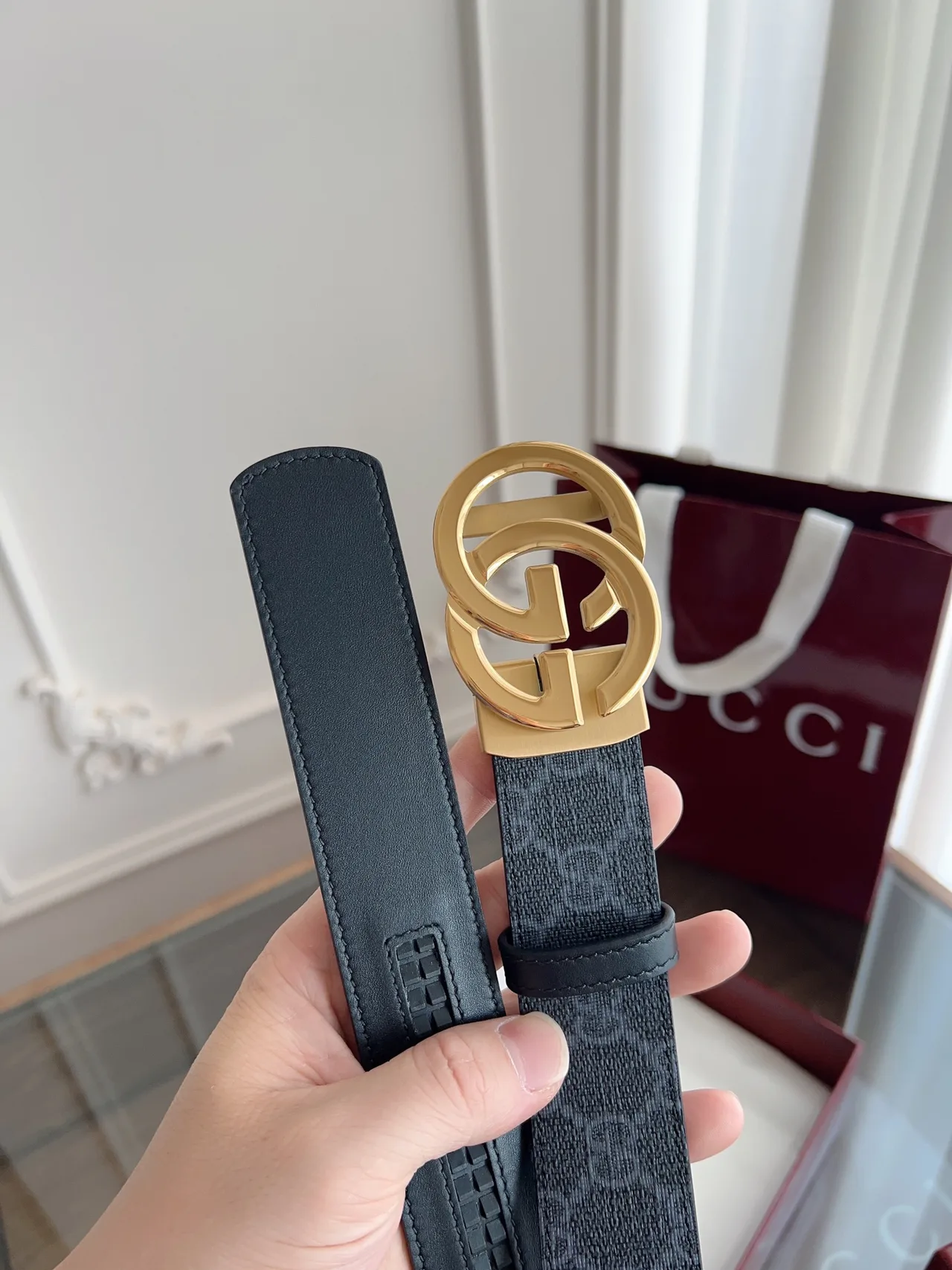 Gucci Cowhide Woven GG Automatic Belt in Grey · view 3