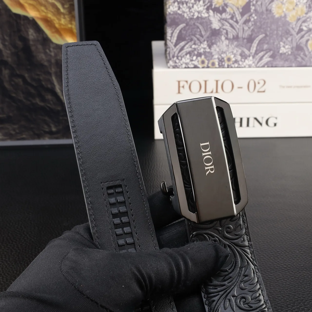 Dior Embossed Automatic Belt in Black · view 5