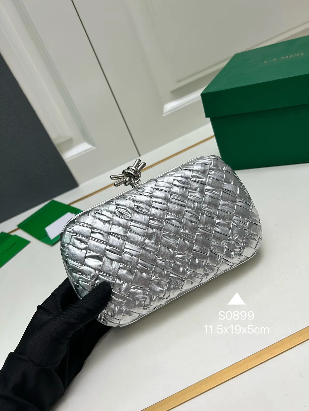 Bottega Veneta Woven Knot Clutch in Silver · view 2