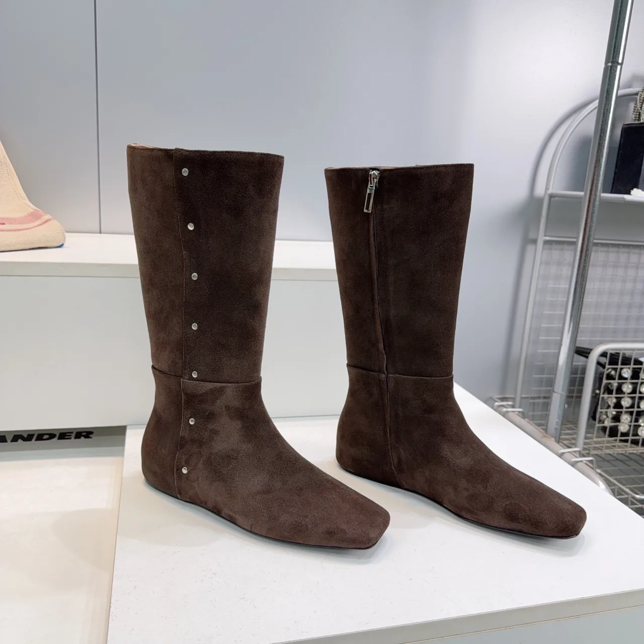 Celine Suede-Look Square-Toe Ankle Boots in Brown · view 1