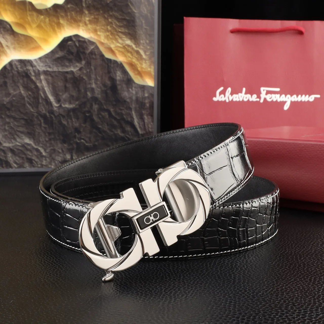 Ferragamo Croc-pattern automatic Gancini belt in Black · view 3