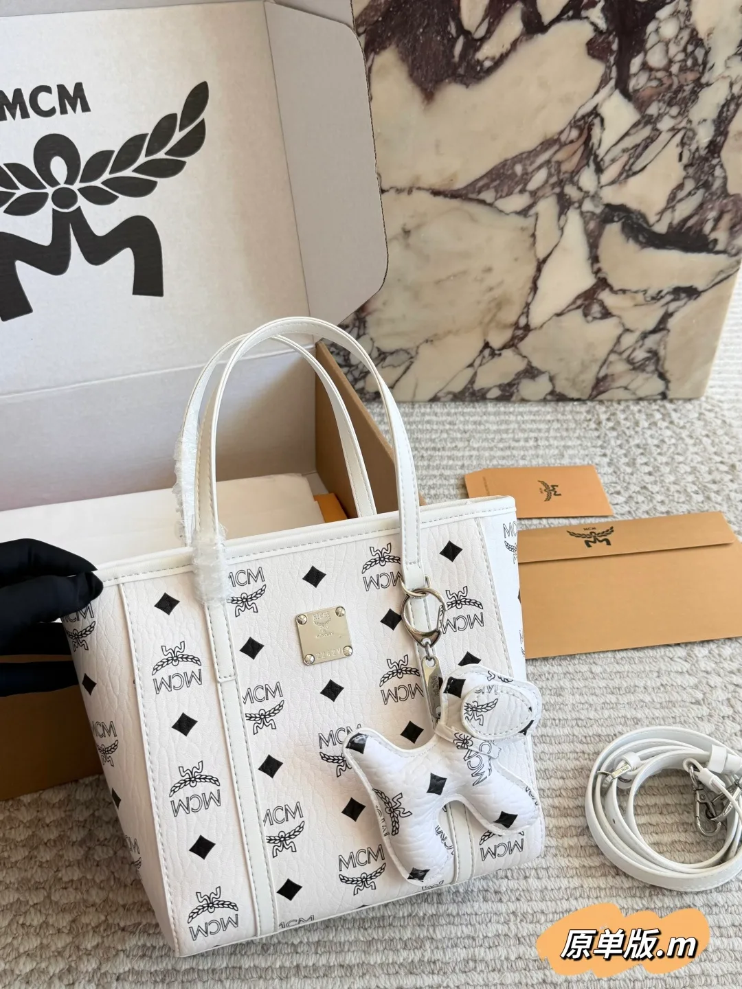 MCM Monogram Mini Tote in Brown / Pink / Black / Beige / White · view 5
