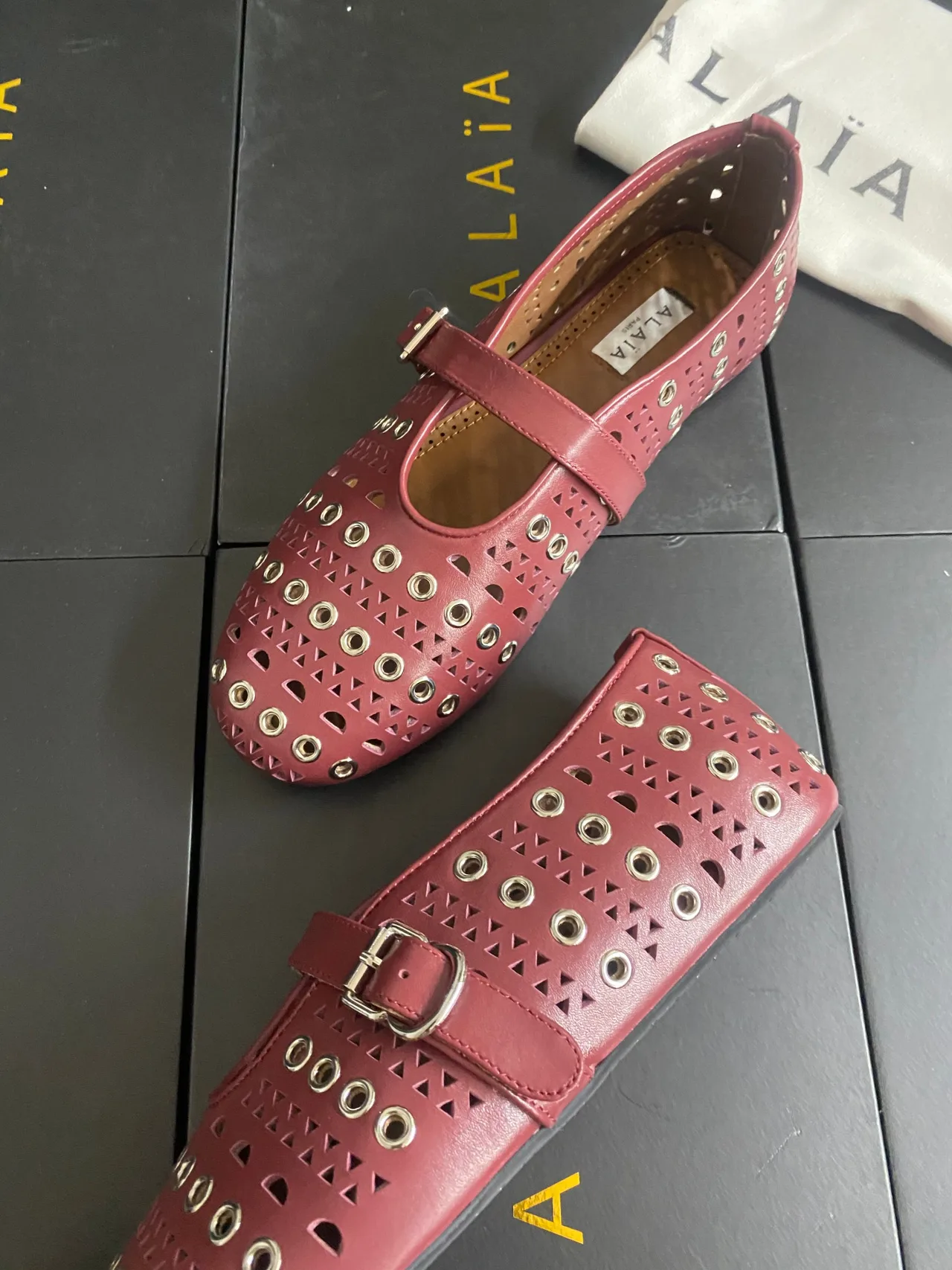 Alaia Cowhide Sheepskin Studded Mary Jane Flats in Burgundy · view 8
