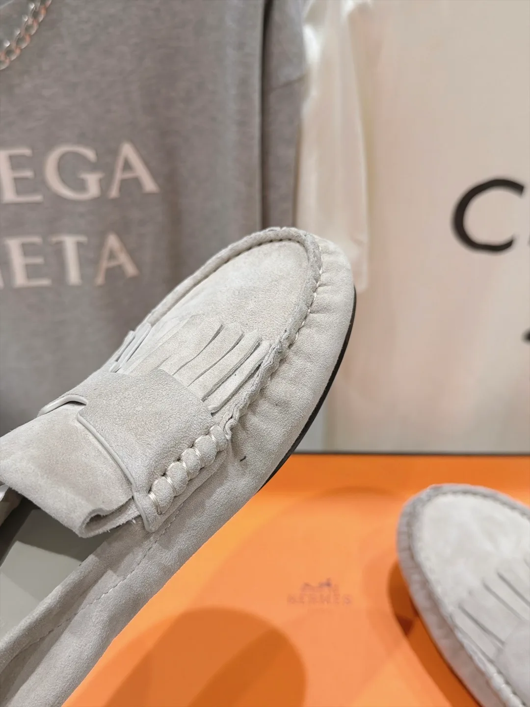 Hermes Suede-Look Round-Toe Loafers in Grey · view 6