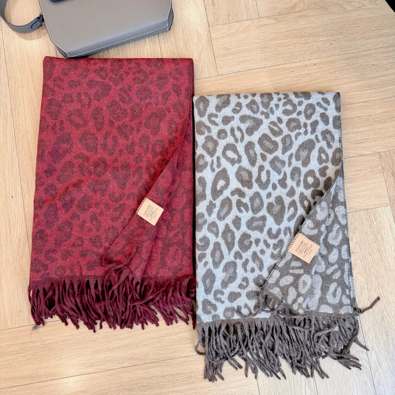 Leopard-Pattern Fringe Scarf in Red & Grey · view 8