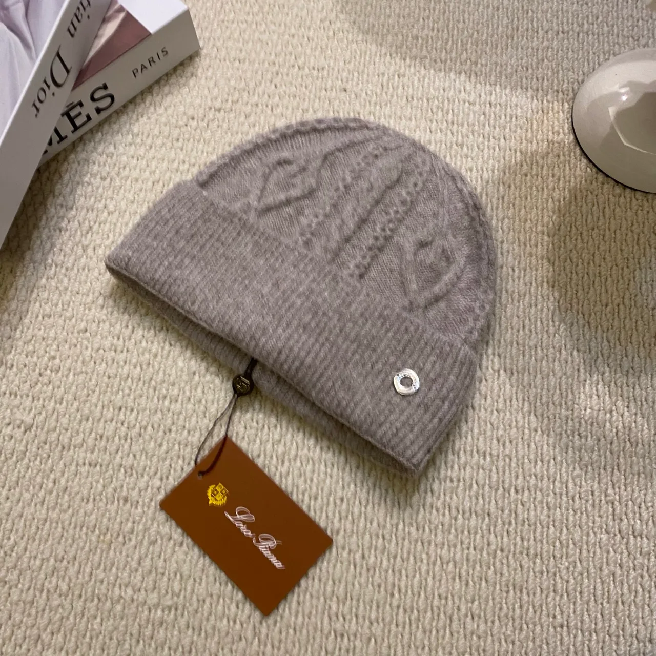 Loro Piana Cable-Emblem Beanie in Black & White & Tan & Grey & Pink & Brown & Blue · view 6
