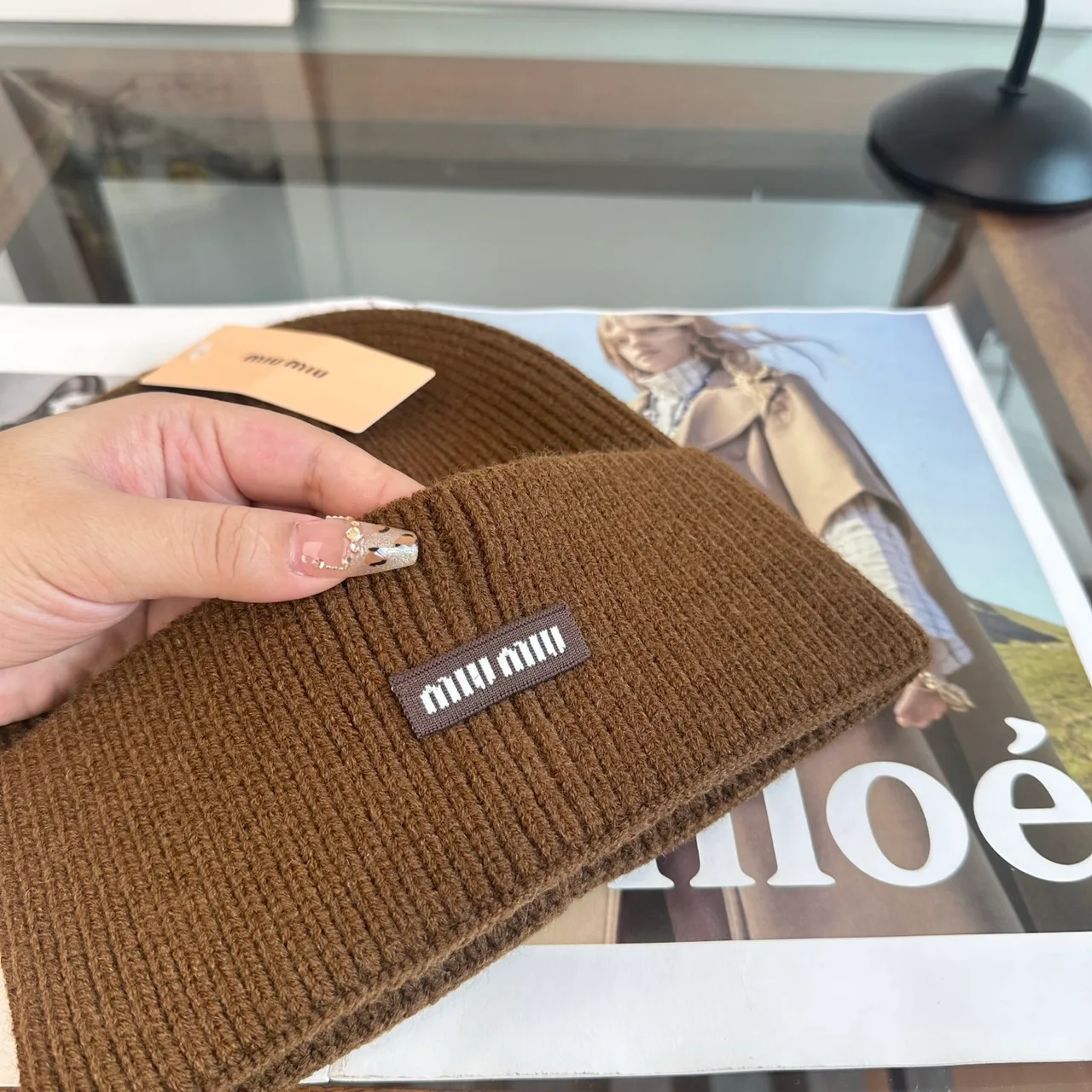 Miu Miu Ribbed Beanie in Brown · view 7