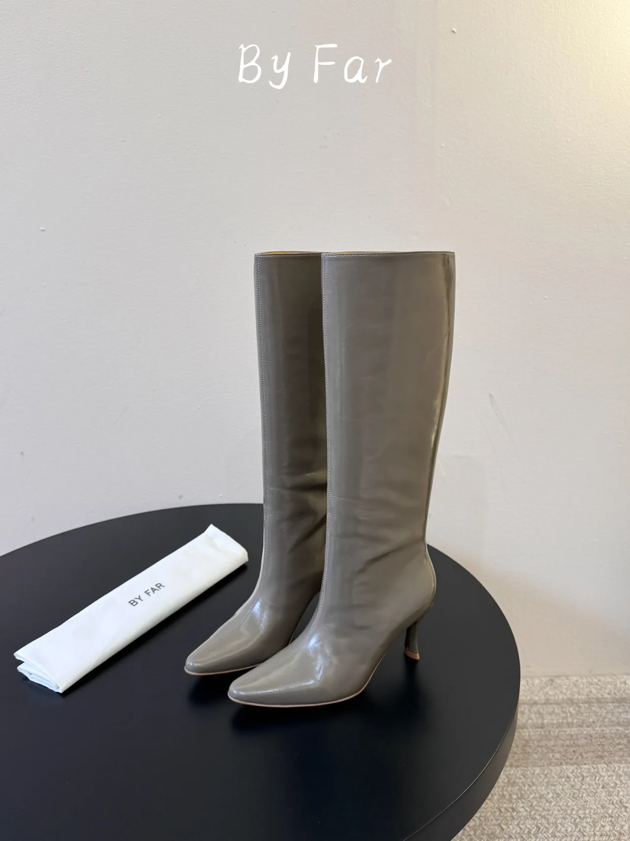By Far Glossy Pointed-Toe Knee-High Boots in Grey · view 5