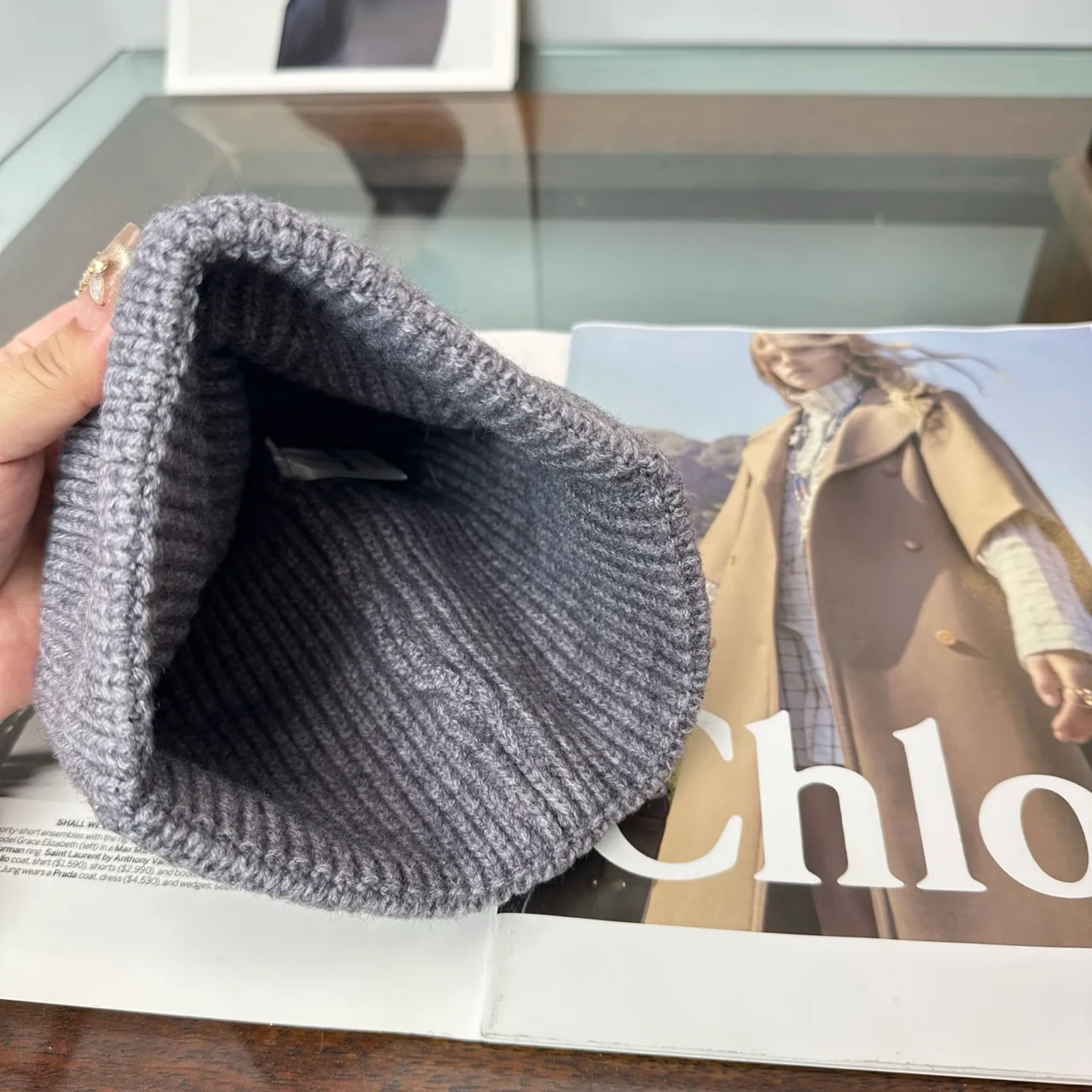 Miu Miu Ribbed Embroidered Beanie in Grey · view 8