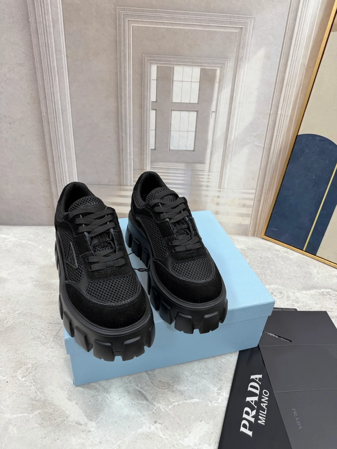 Prada Ribbed Lace-Up Sneakers in Black · view 1