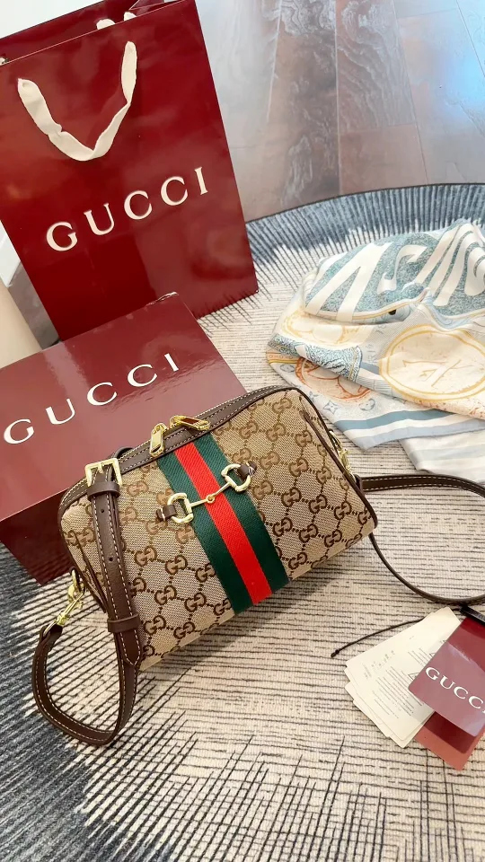 Gucci Boston Horsebit Web Camera Bag in Black & Beige · view 2