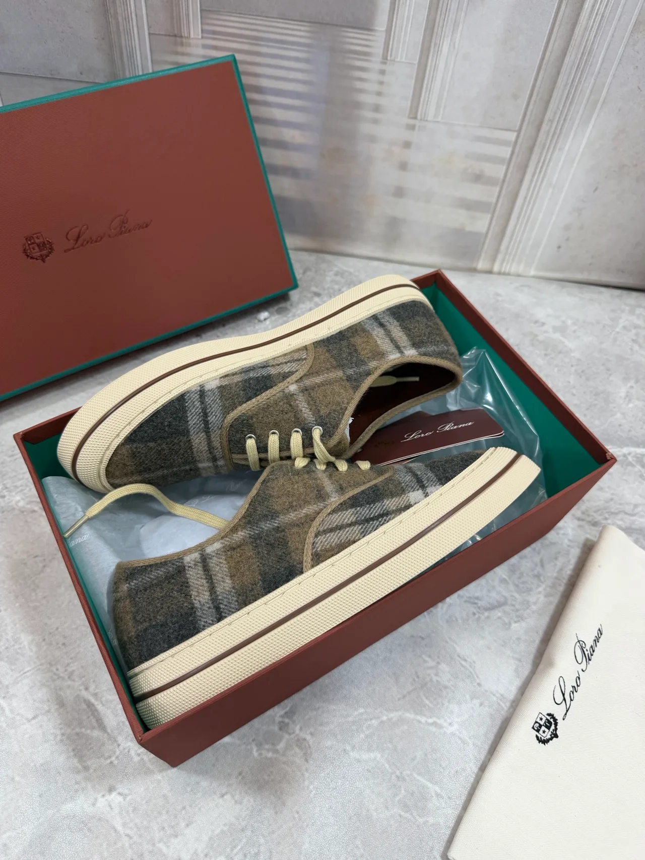 Loro Piana Check Wool-Effect Lace-Up Sneakers in Grey · view 5