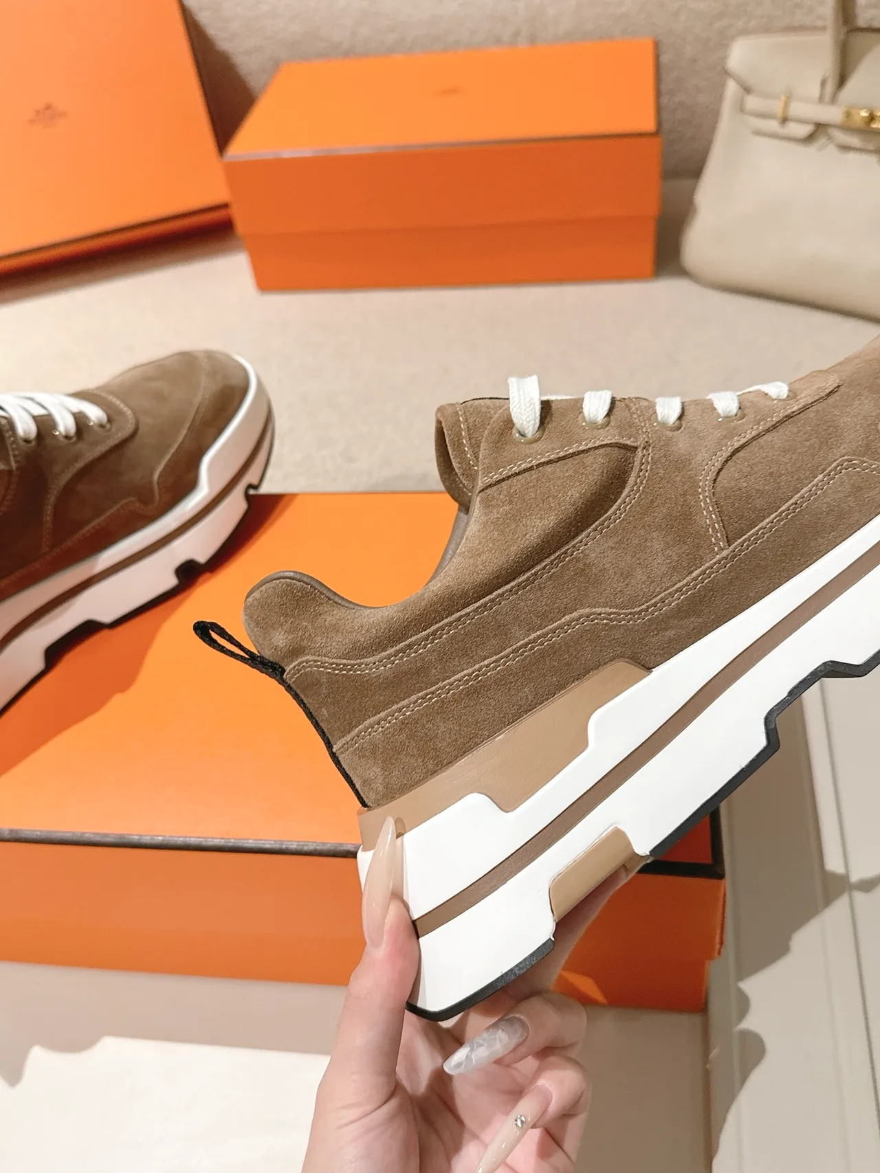 Hermes Calfskin Suede-Look Sneakers in Brown · view 7