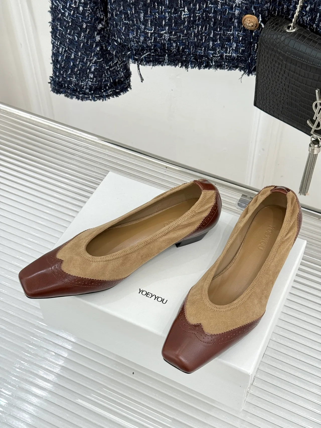 YOEYYOU Lambskin Denim Block-Heel Shoes in Beige · view 3