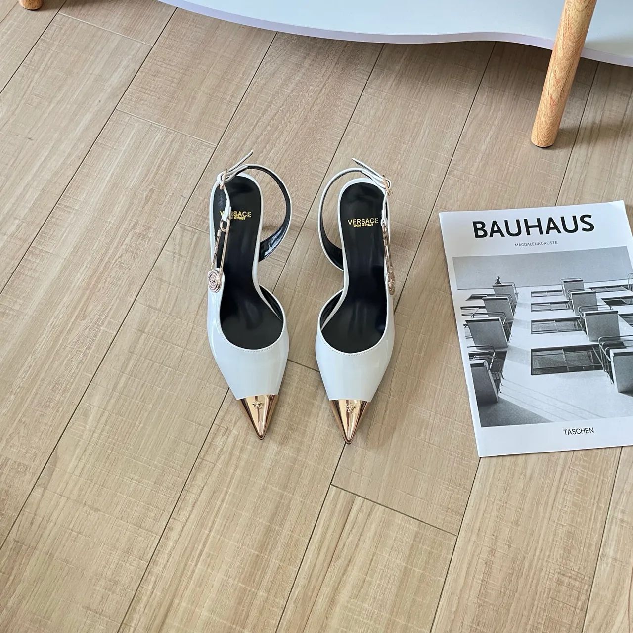 Versace Sheepskin Glossy Pointed-Toe Sandals in White · view 1