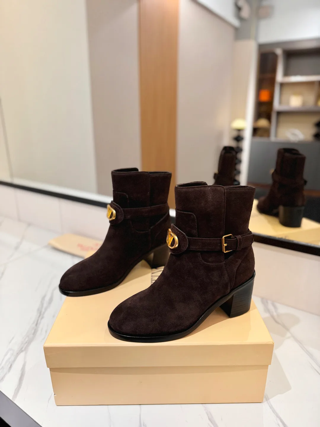 Valentino Calfskin Suede-Look Pointed-Toe Ankle Boots in Brown · view 2