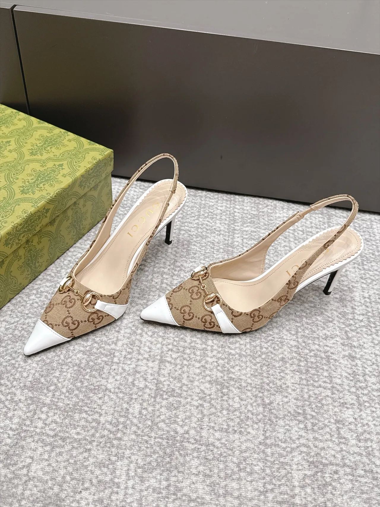 Gucci Pointed-Toe Monogram Slingback Pumps in Beige · view 2
