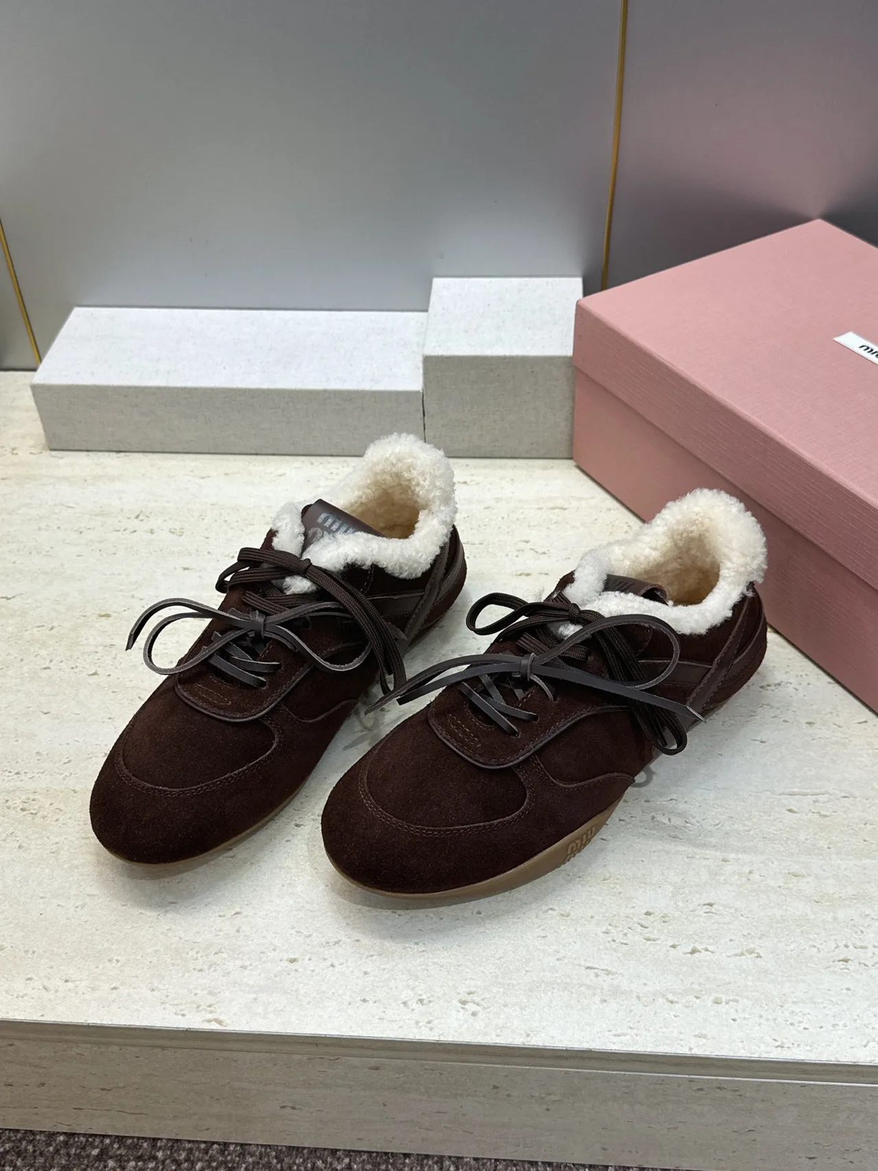 Miu Miu Suede-Look Round-Toe Sneakers in Brown · view 3