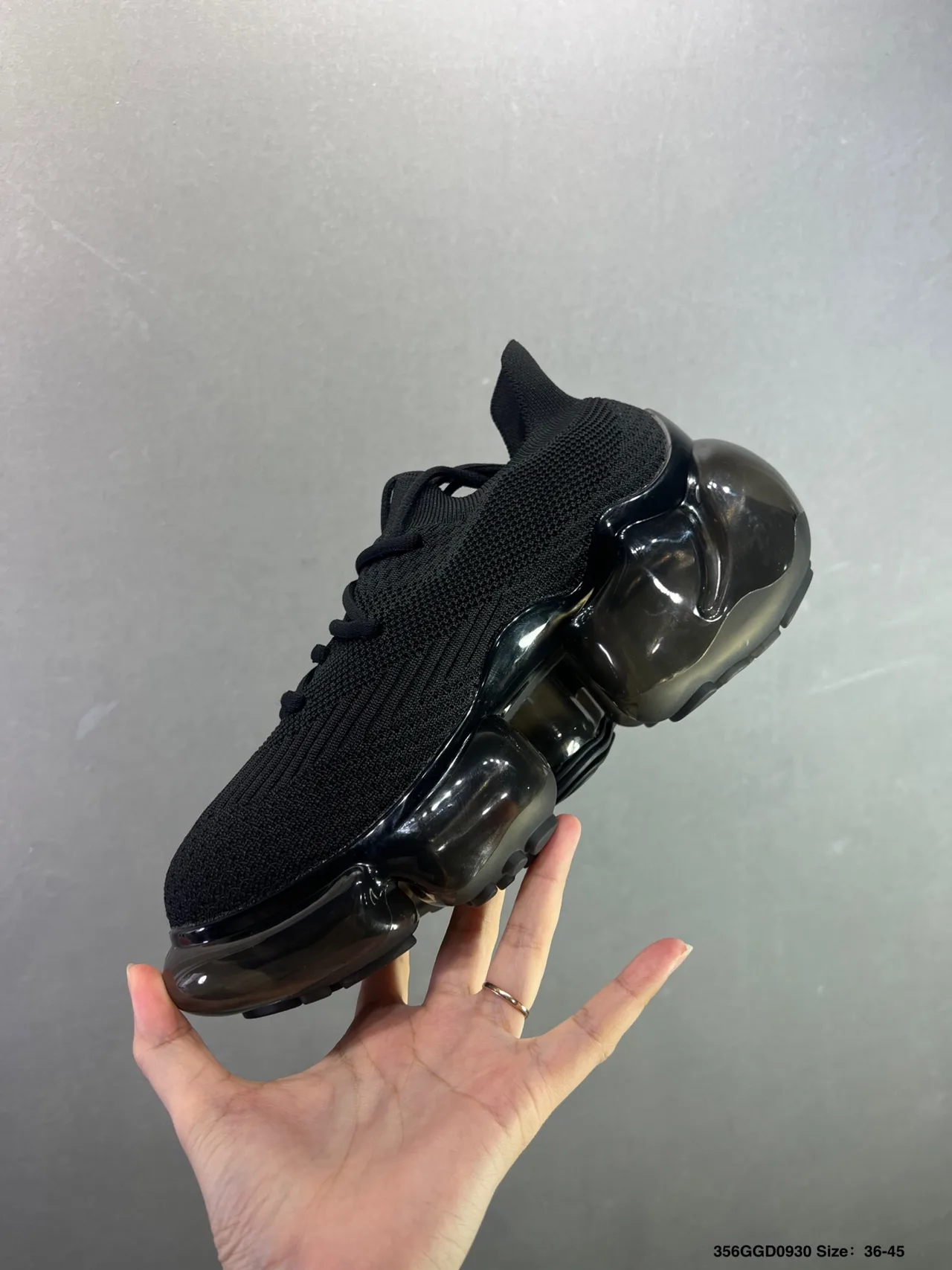 Glossy Air-Sole Knit Sneakers in Black · view 3