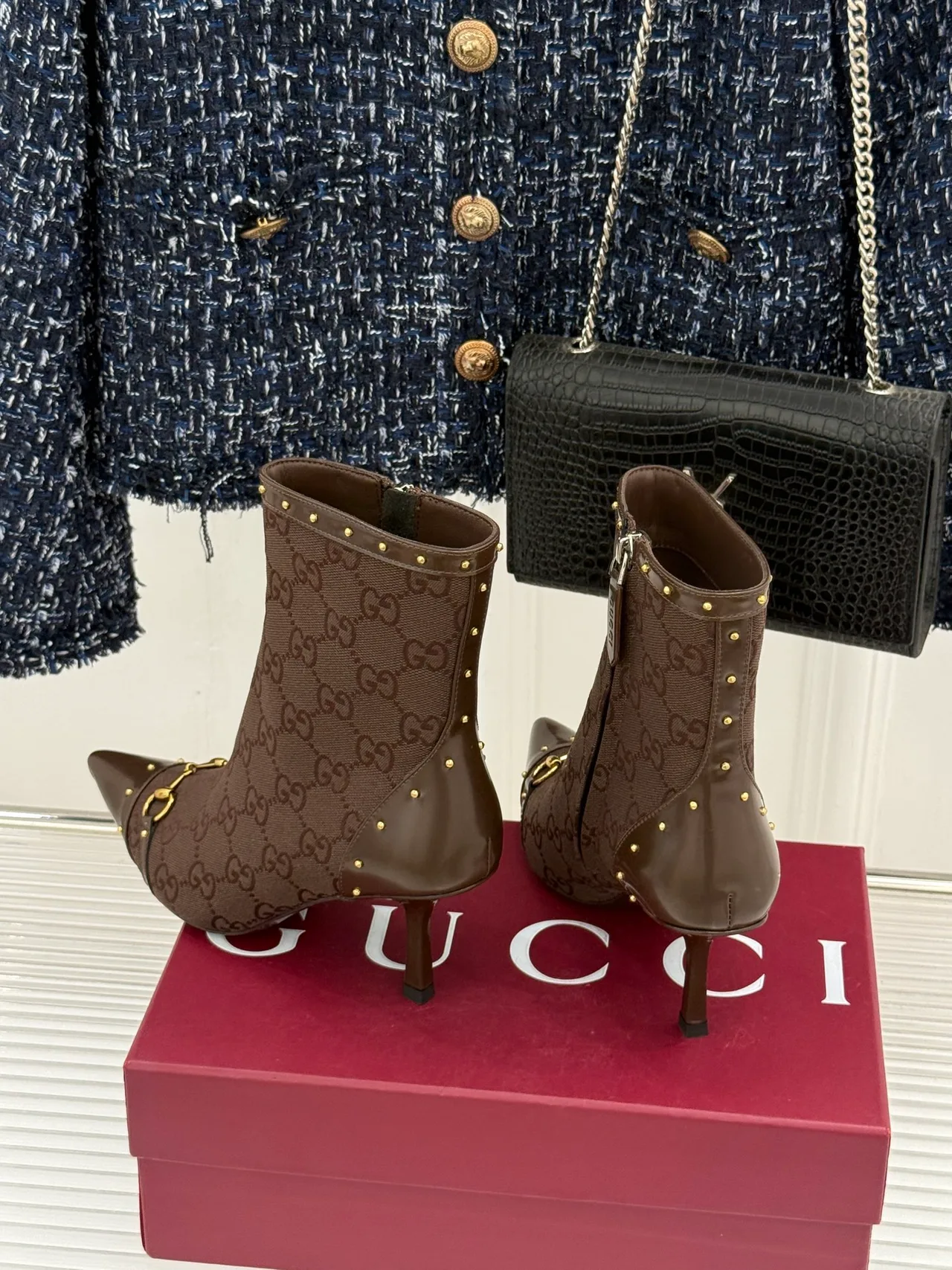 Gucci Sheepskin Canvas Ankle Boots in Brown · view 5