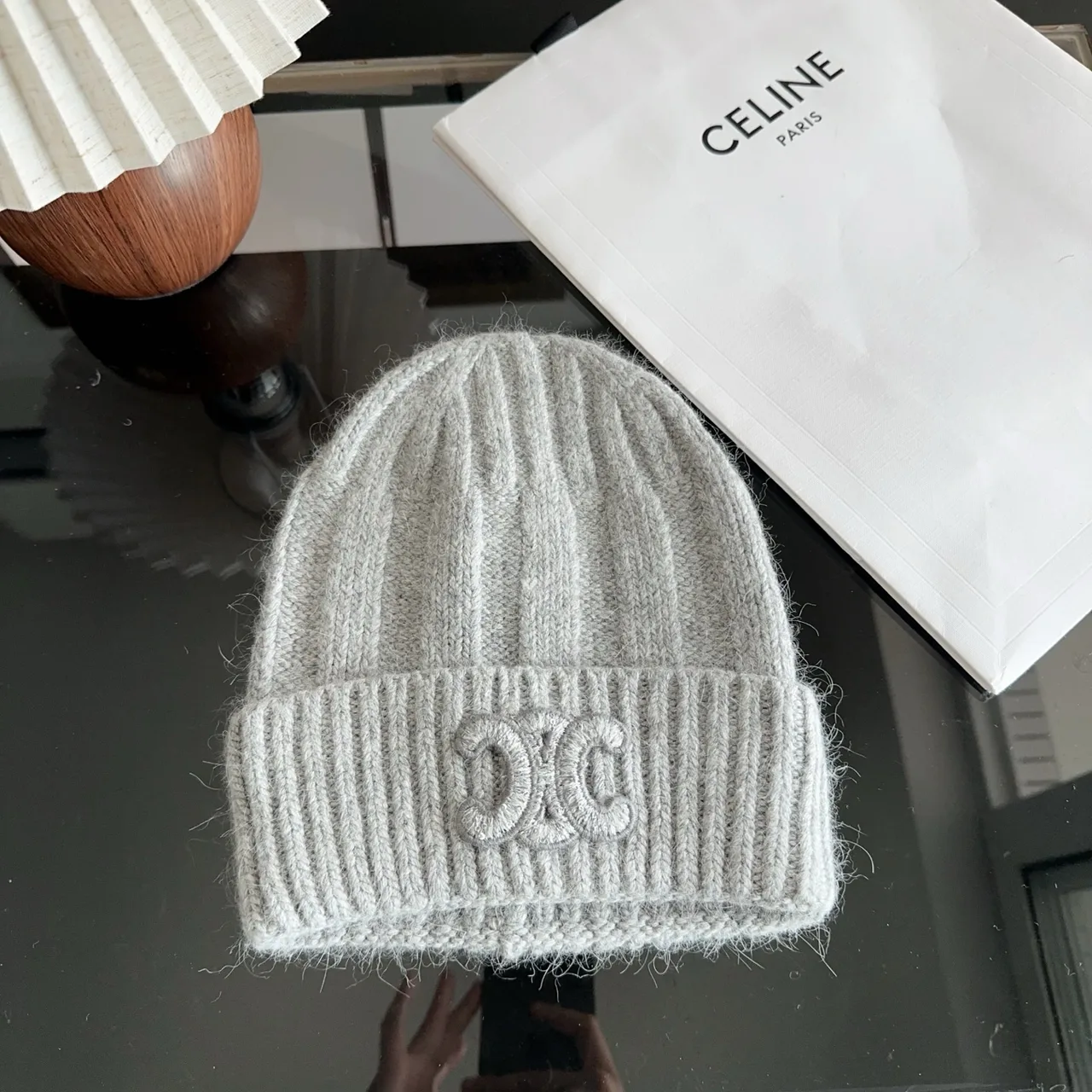 Celine Ribbed Embroidered Beanie in Grey · view 1