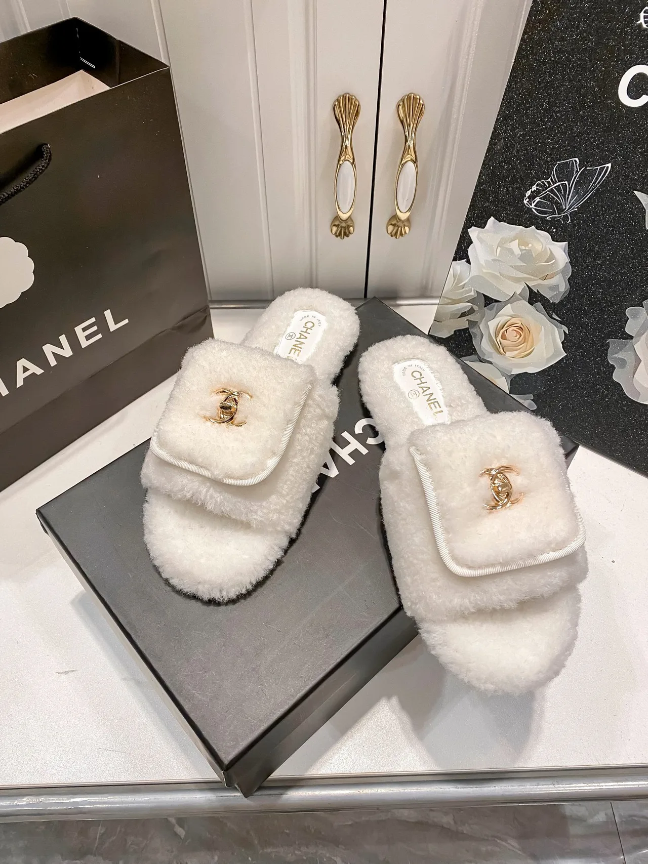 Chanel Faux-Fur Slippers in Black & White & Beige · view 5