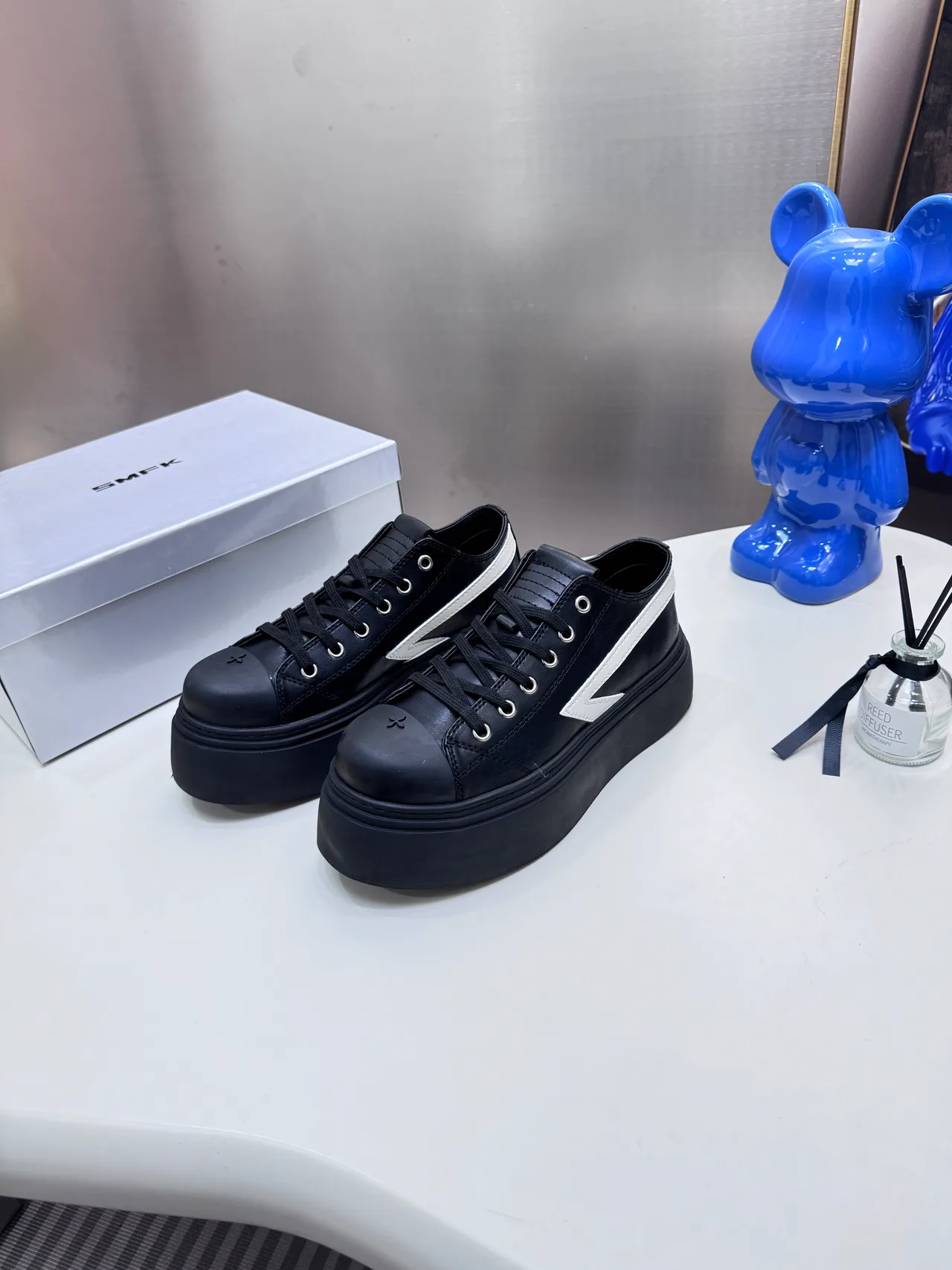 SMFK Cowhide Canvas Striped Lace-Up Platform Derby Shoes in Black · view 3