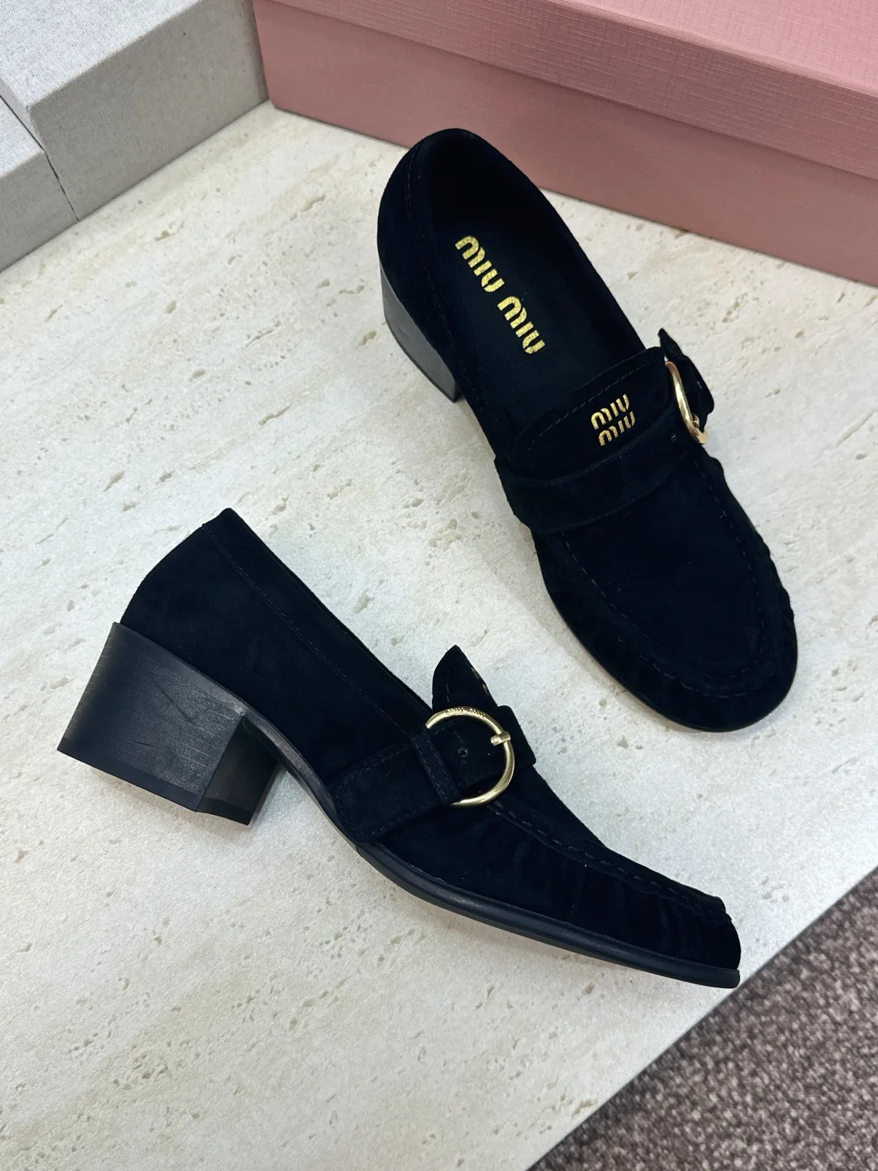 Miu Miu Cowhide Sheepskin Buckle Suede Heeled Loafers in Black · view 4