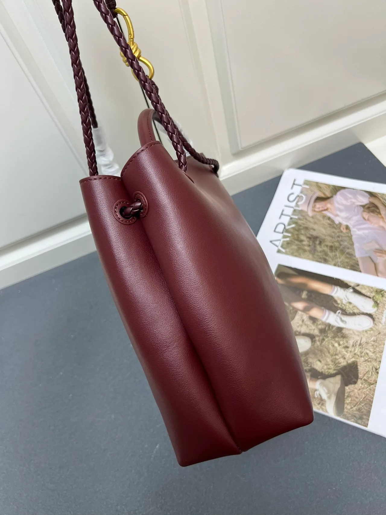 Bottega Veneta Calfskin Woven Andiamo Shoulder Bag in Burgundy · view 4