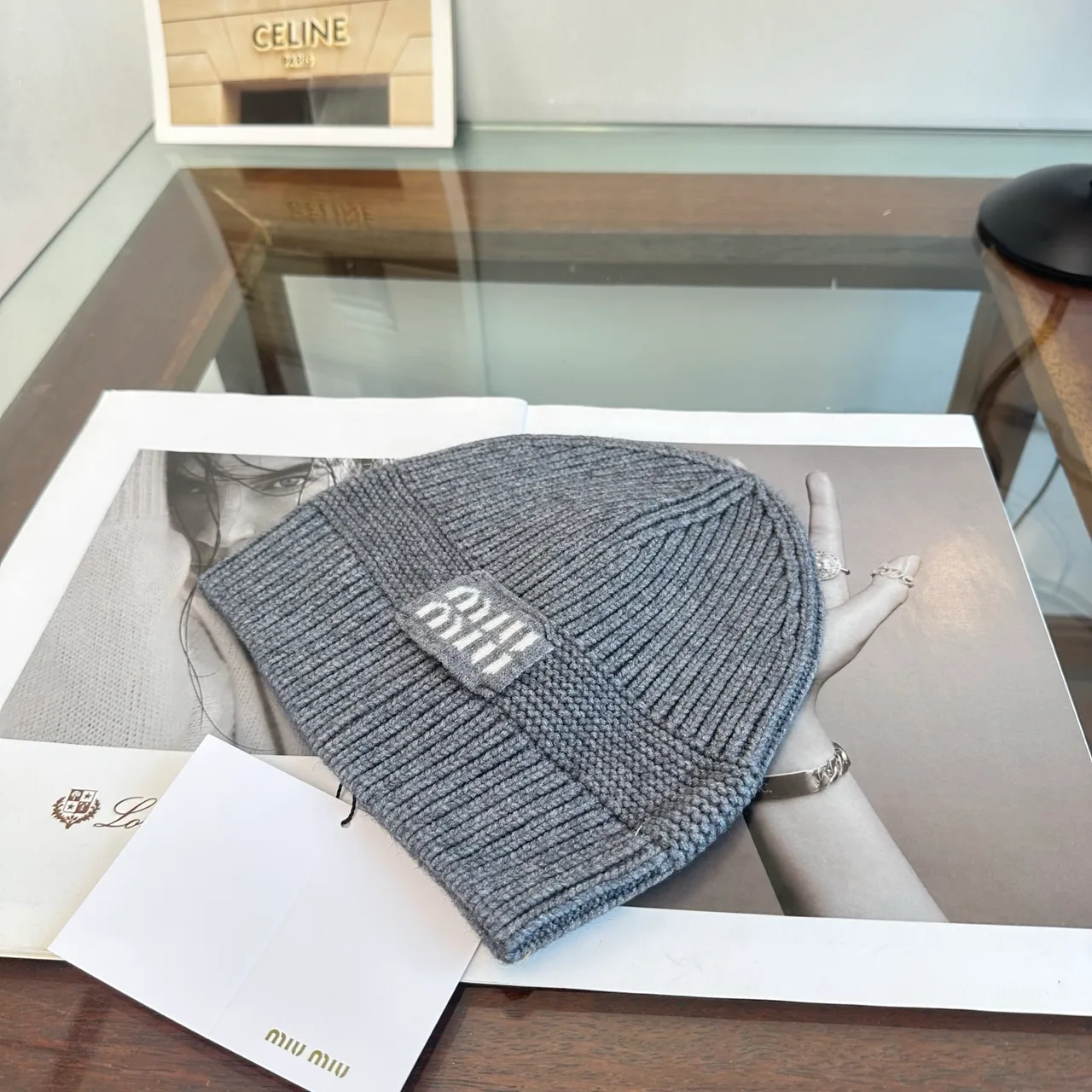 Miu Miu Ribbed Beanie in Grey · view 2